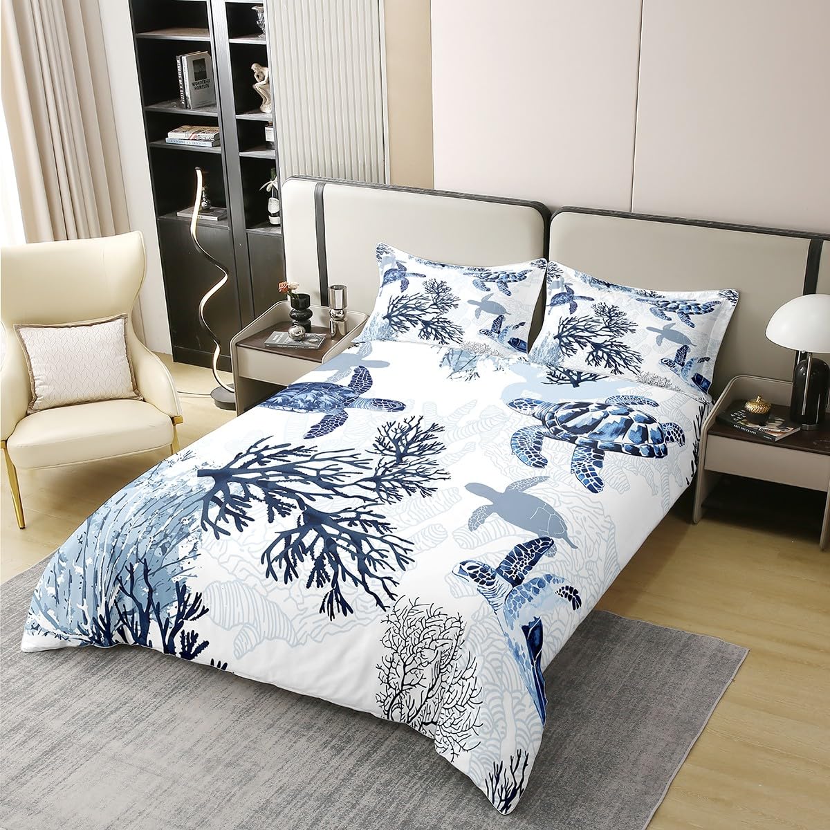 100% Cotton Turtle Duvet Cover Queen, White Blue Sea Turtle Bedding Set for Kids Girls Boys, Nautical Coastal Reptile Tortoise Comforter Cover, Ocean Beach Sea Animal Turtle Summer Quilt Cover