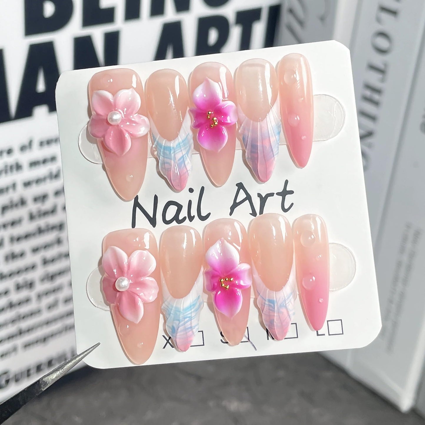 3D Floral Handmade Press on Nails Long Almond Press-On Nails Pink French Tip Fake Nails with Pearl Flower Design Reusable Acrylic Nails Press Ons Sparkly False Nails for Women Manicure (Size M)
