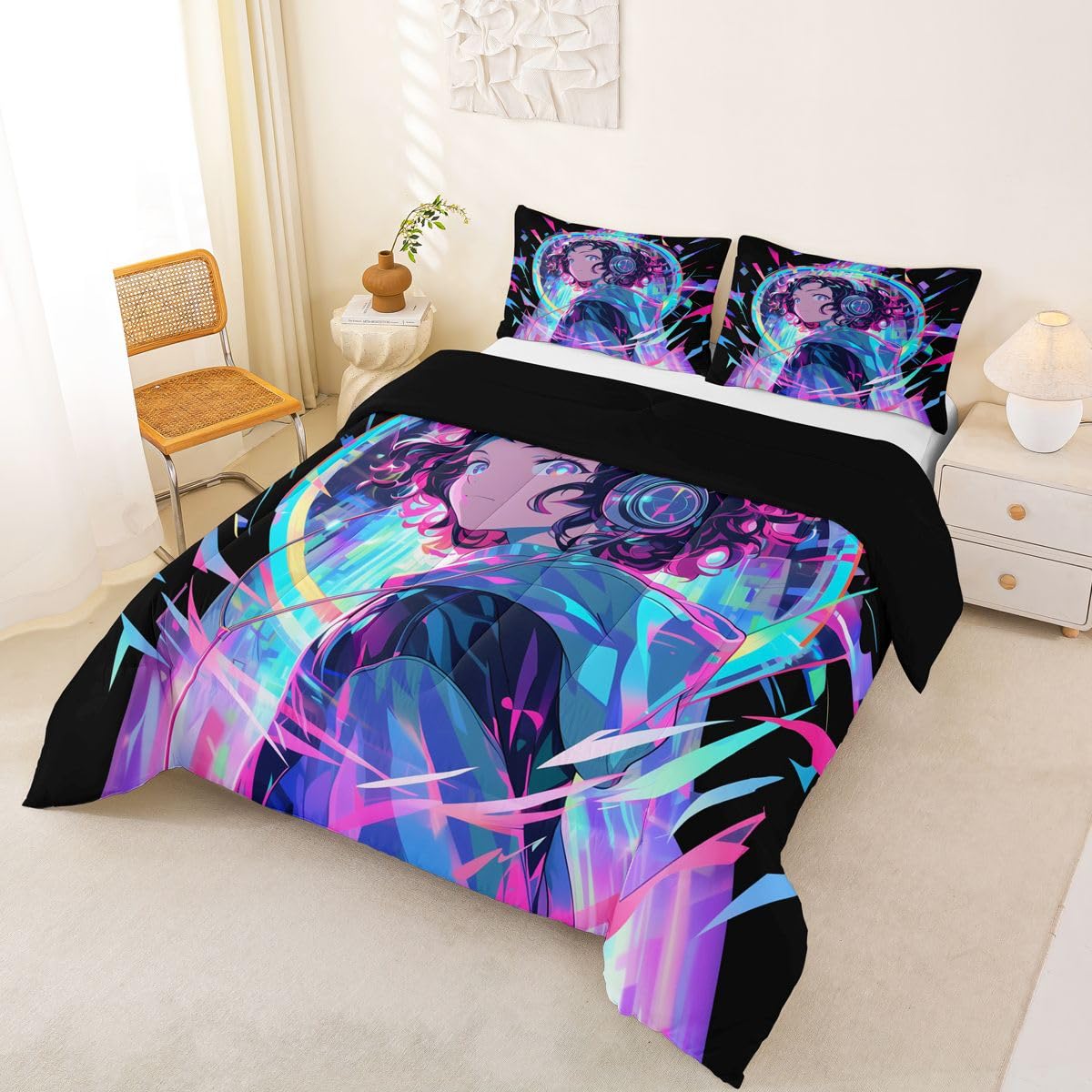 Erosebridal 3D Anime Girl Bedding Comforter Sets American Street Culture Comforter Set Full for Teens Youth Girls Watercolor Graffiti Style Bedding Galaxy Stars Print Duvet Set with 2 Pillow Cases