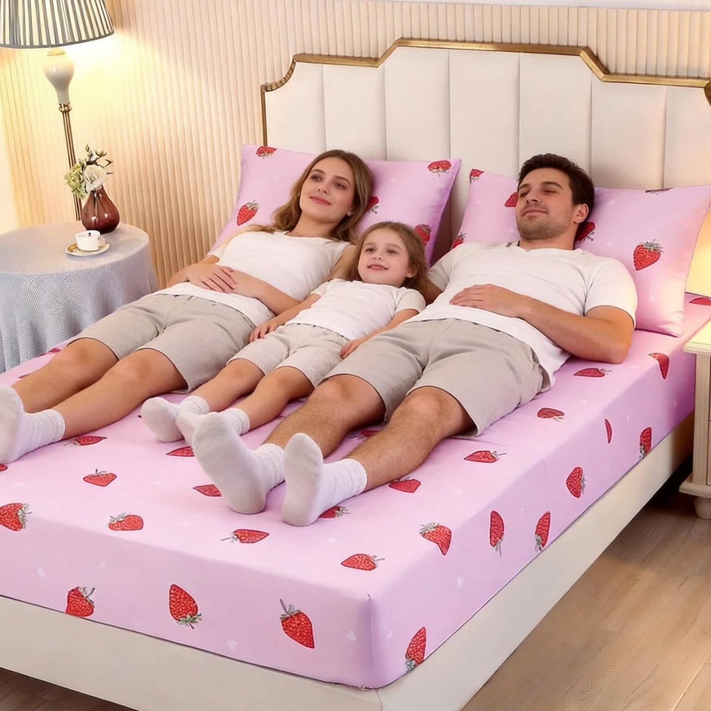 SDY 4 Pieces Strawberry Bedding Sheets,Queen Size Red and Pink Strawberry Print Sheet Set with 1 Kawaii Top Flat Sheet + 1 Deep Pocket Fitted Sheet + 2 Pillowcases for Teen Girls
