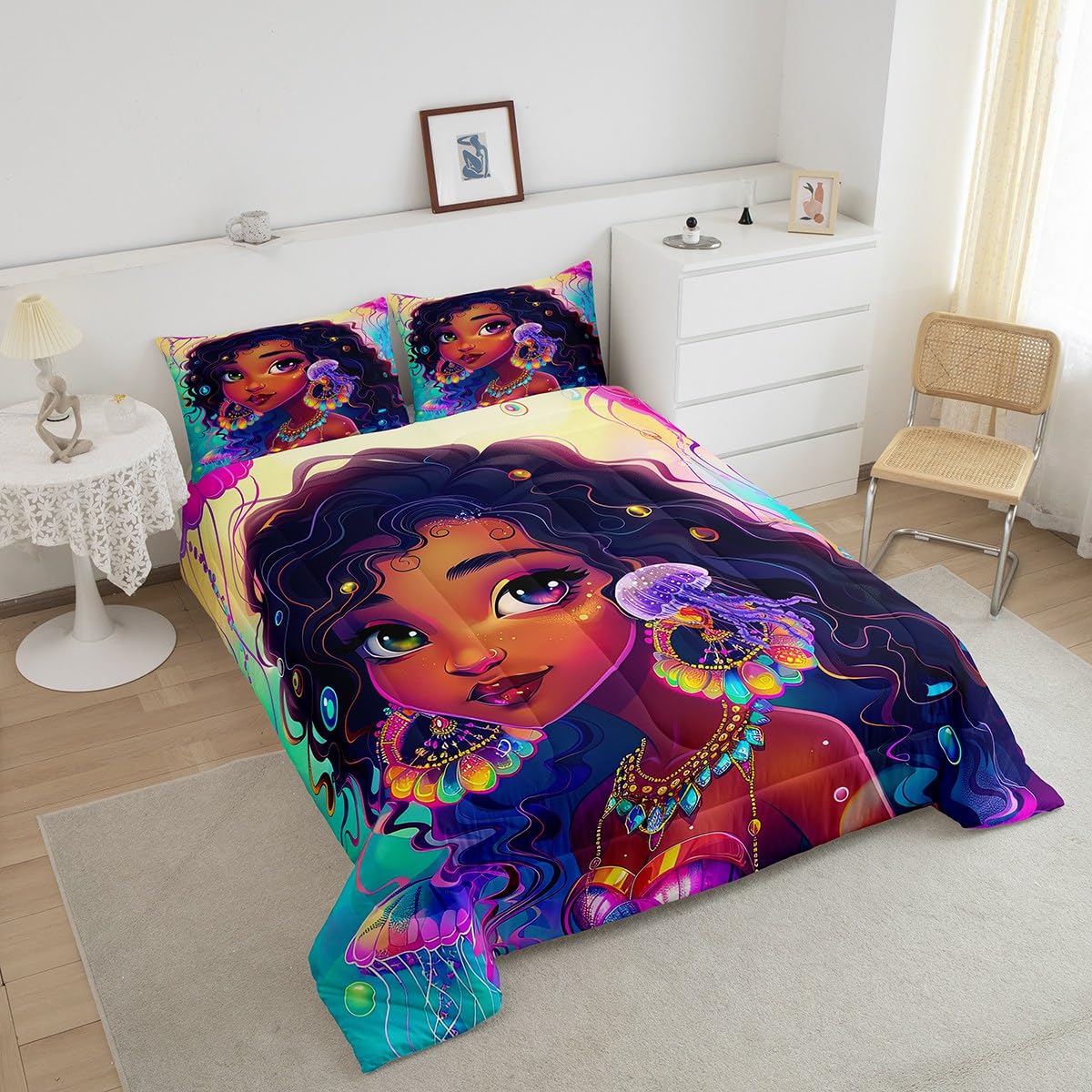 Erosebridal Black Girls Bedding Set Afro Girl Twin Comforter Set for Girls,American African Princess Magical Quilt for Toddler Kids Teenager,Ocean Jellyfish Kawaii Room Decor