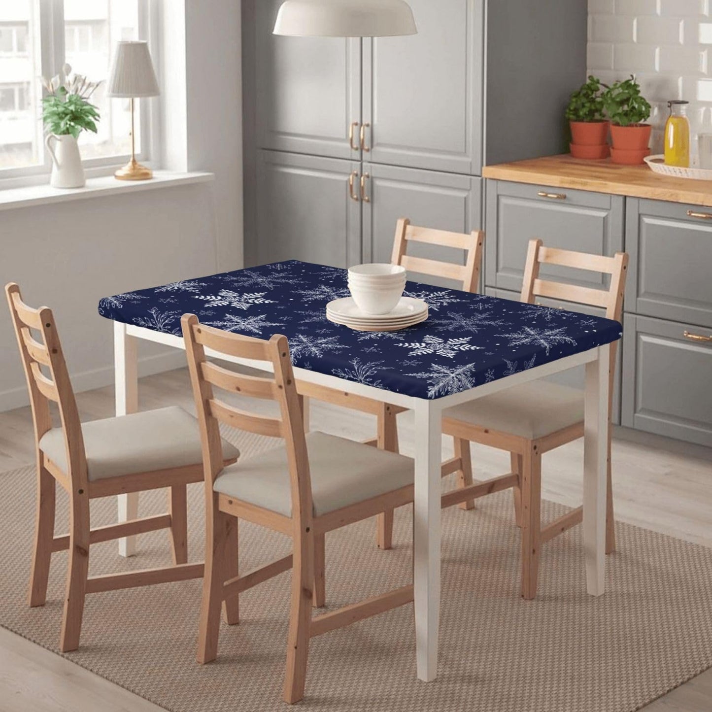 Fiokroo Winter Snowflakes Blue Tablecloth with Elastic Edge for 4ft Rectangle Table, Table Cloth Christmas Washable Table Cover for Kitchen Dining Party Outdoor Picnic Decoration, 48" L X 30" W