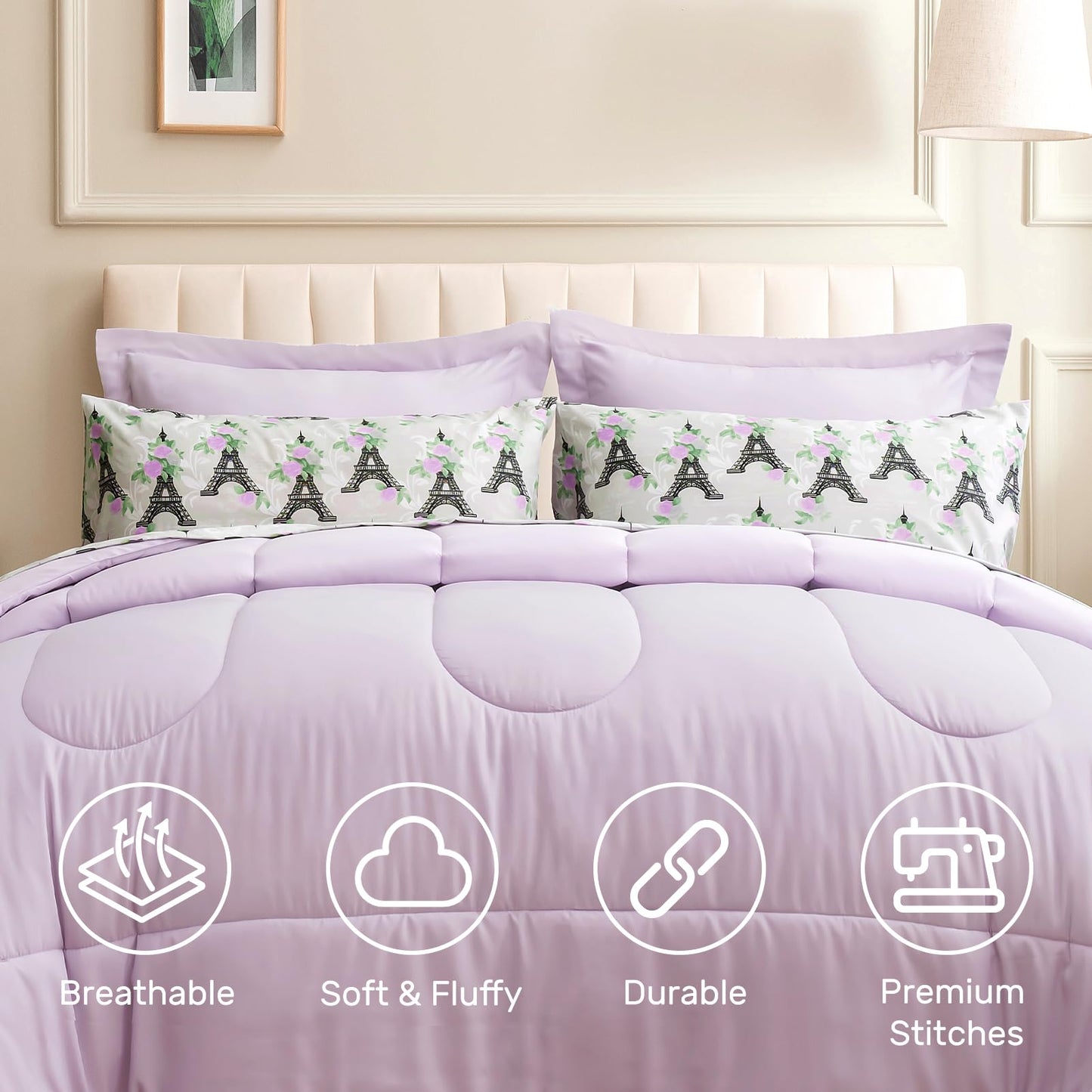 ARTALL Twin Bed in a Bag 5 Pieces, Light Purple Solid Comforter with Eiffel Tower Floral Sheet Set, French Chic Style Soft Bedding Sets with Comforter, Sheets, Pillowcase & Sham for All Seasons
