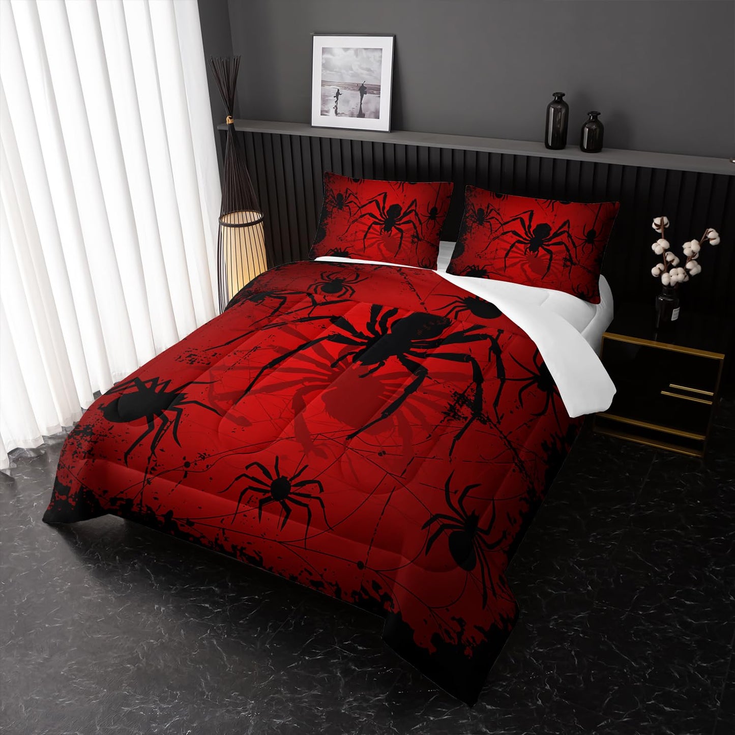 Nttopship Boys Spider Printed Comforter Set Bed in A Bag Twin Size 3PCS Red Bedding Set Cool Black Spider Comforter Set Girls Boys Kids Comforter Bedding Set with 2 Pillowcases
