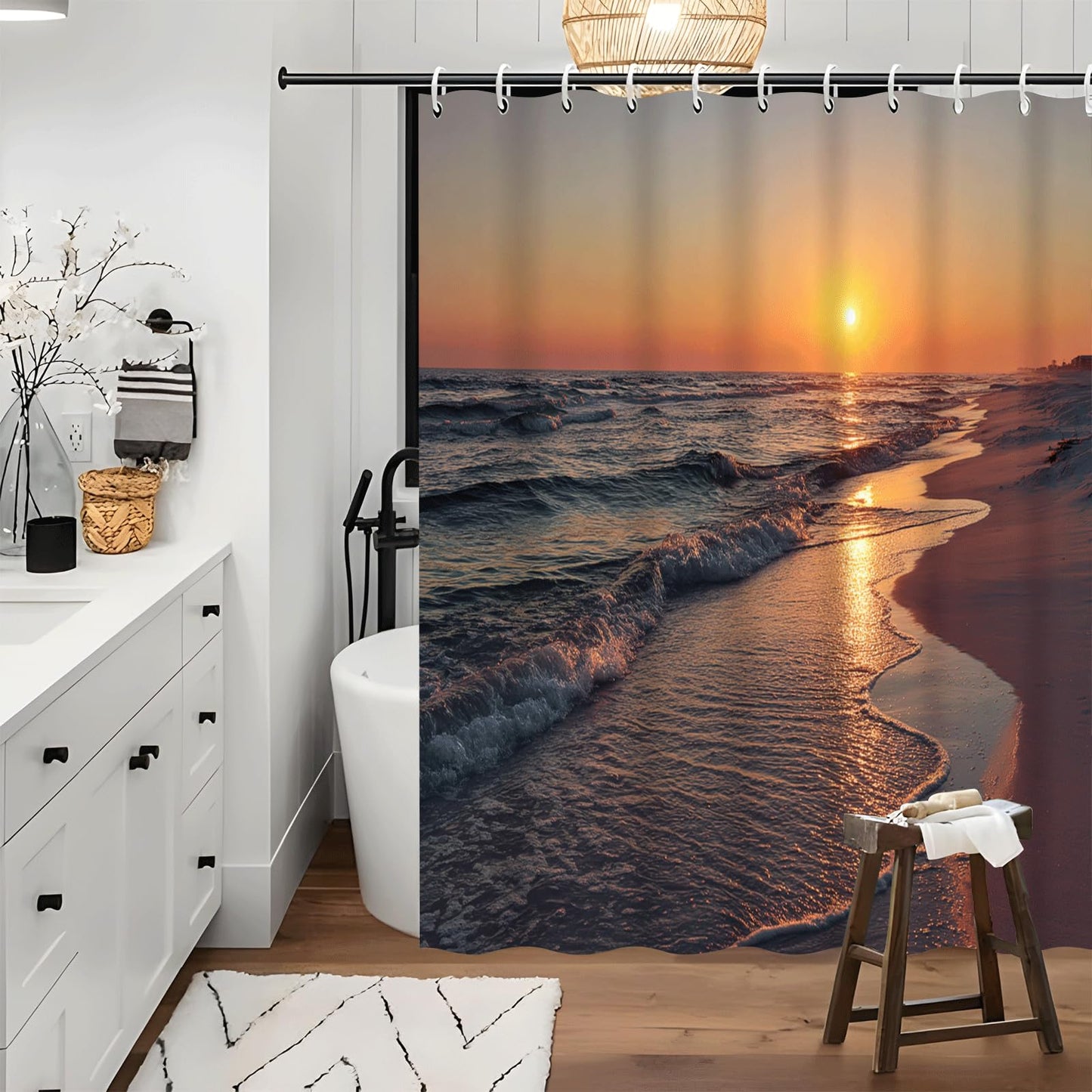 ZROLUW Ocean Beach Shower Curtain -72" W x 72" L Sunset Waves Nature Landscape Water Repellent Shower Curtain Set, Machine Washable, Modern Decorative Polyester Cloth Shower Curtains for Bathroom