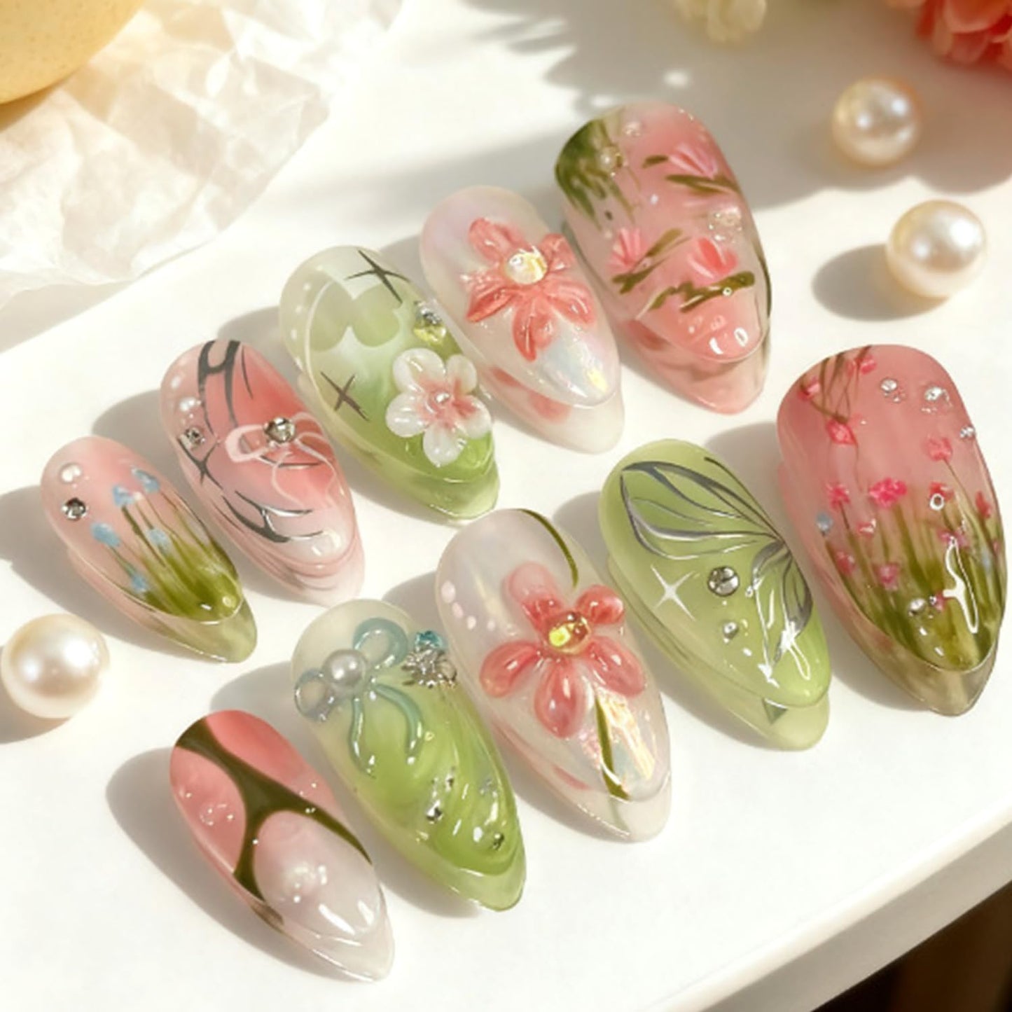 30Pcs Pink Flower Press on Nails Medium Almond Fake Nails with Bow Pearl Design 3D Full Cover Artificial Glue on Nails Spring Summer False Nails Cute Stick on Nails Handmade Nail Kit for Women