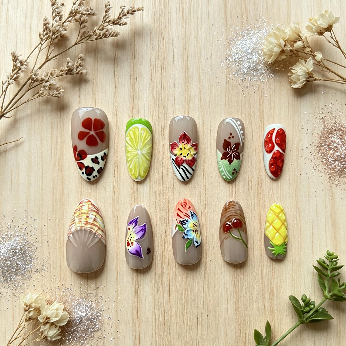 3D Press On Nails Almond Medium French Fake Nails with Embossed Flower&Fruit Summer Designs, Acrylic Artificial Nail Press ons False Stick On Nails for Women Girls 30Pcs