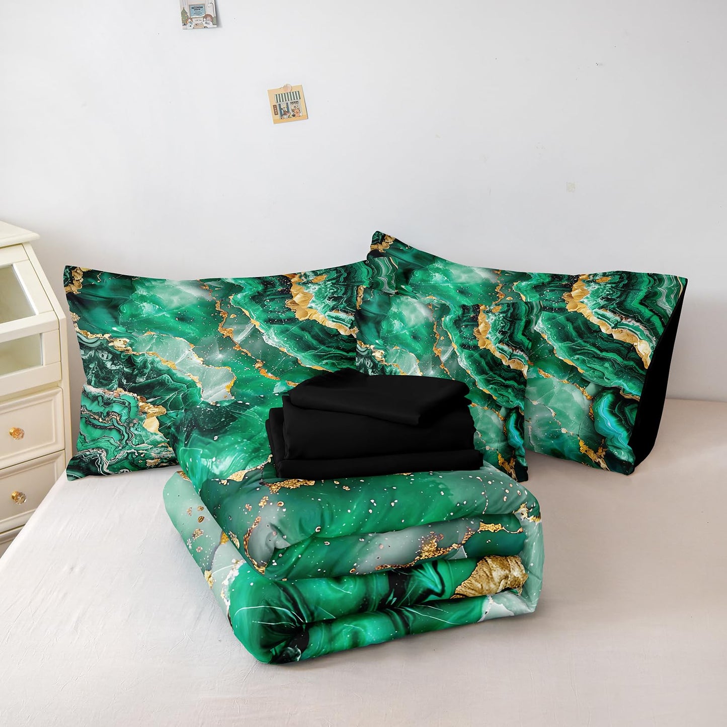 Bedbay Black Gold Comforter Set King Size Green Gold Marble Comforter 8 Pcs Emerald Green King Bed in a Bag Marble Bedding Set 1 Comforter 4 Pillowcases 1 Flat Sheet 1 Fitted Sheet 1 Cushion Cover