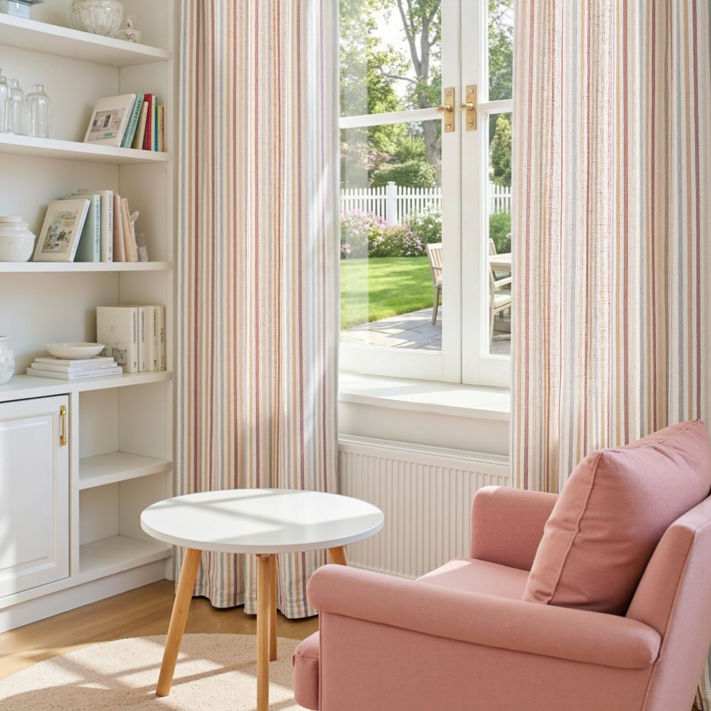 jinchan Linen Curtains for Nursery Bedroom 84 Inch Long Multi Red on Beige Striped Curtains for Living Room Cute Ticking Stripe Farmhouse Baby Girl Kids Room Light Filtering Grommet Drapes 2 Panels