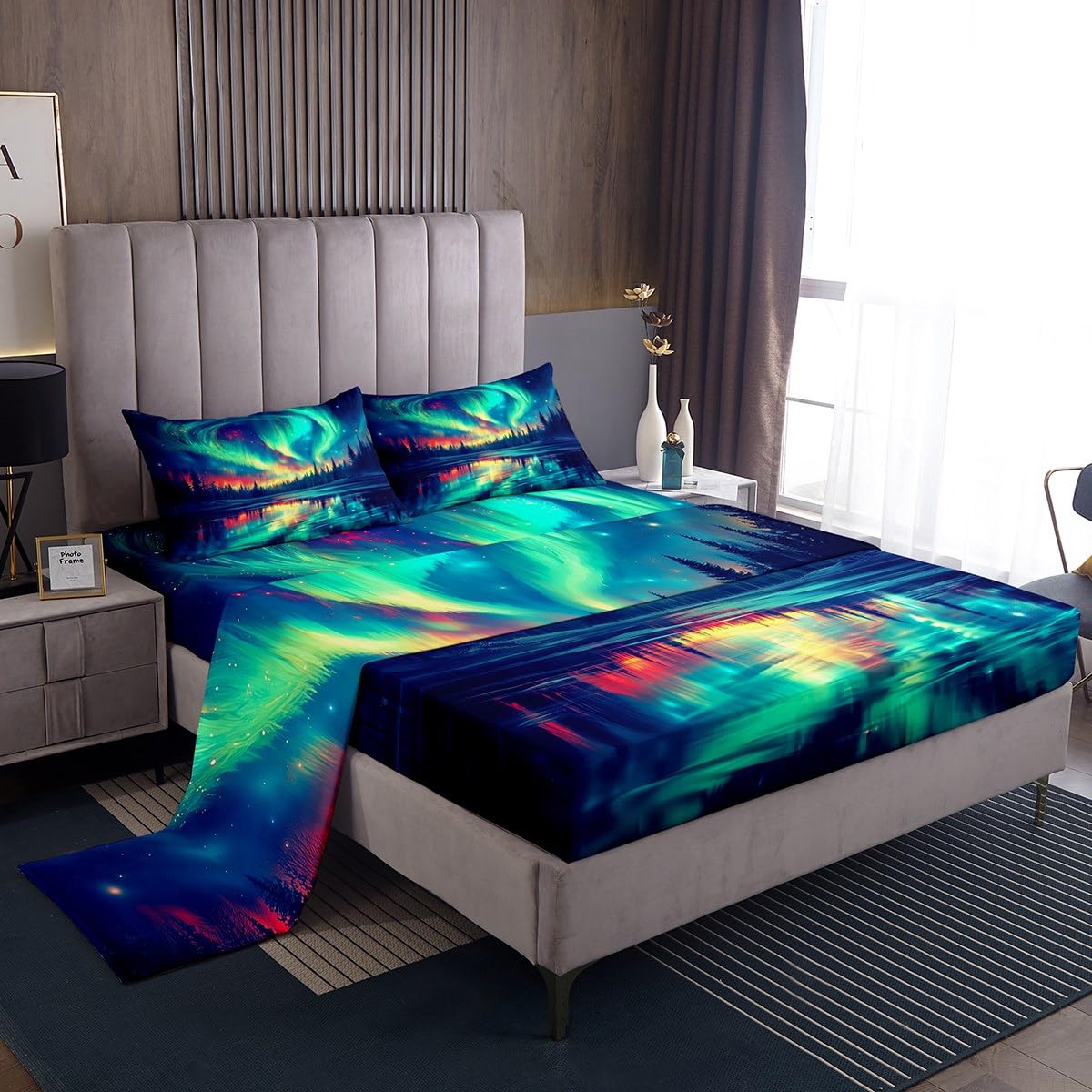 Natural Aurora Bed Sheets Set Dreamy Galaxy Arctic Aurora Flat Fitted Sheet Full Gradient Starry Sky Bed Set For Kids Adult Women Green Blue Tranquil Night Sky Bedding Sets With 2 Pillow Cases