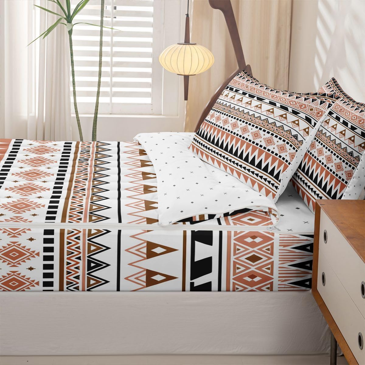Western Zipper Bedding Set Queen Zip Up Bedding Ethnic Tribal Arrow Comforter Set Vintage Exotic Geometric Triangle Bed in a Bag African Indian Tribal Sriped Rhombus Bed Set with Comforter and Sheets