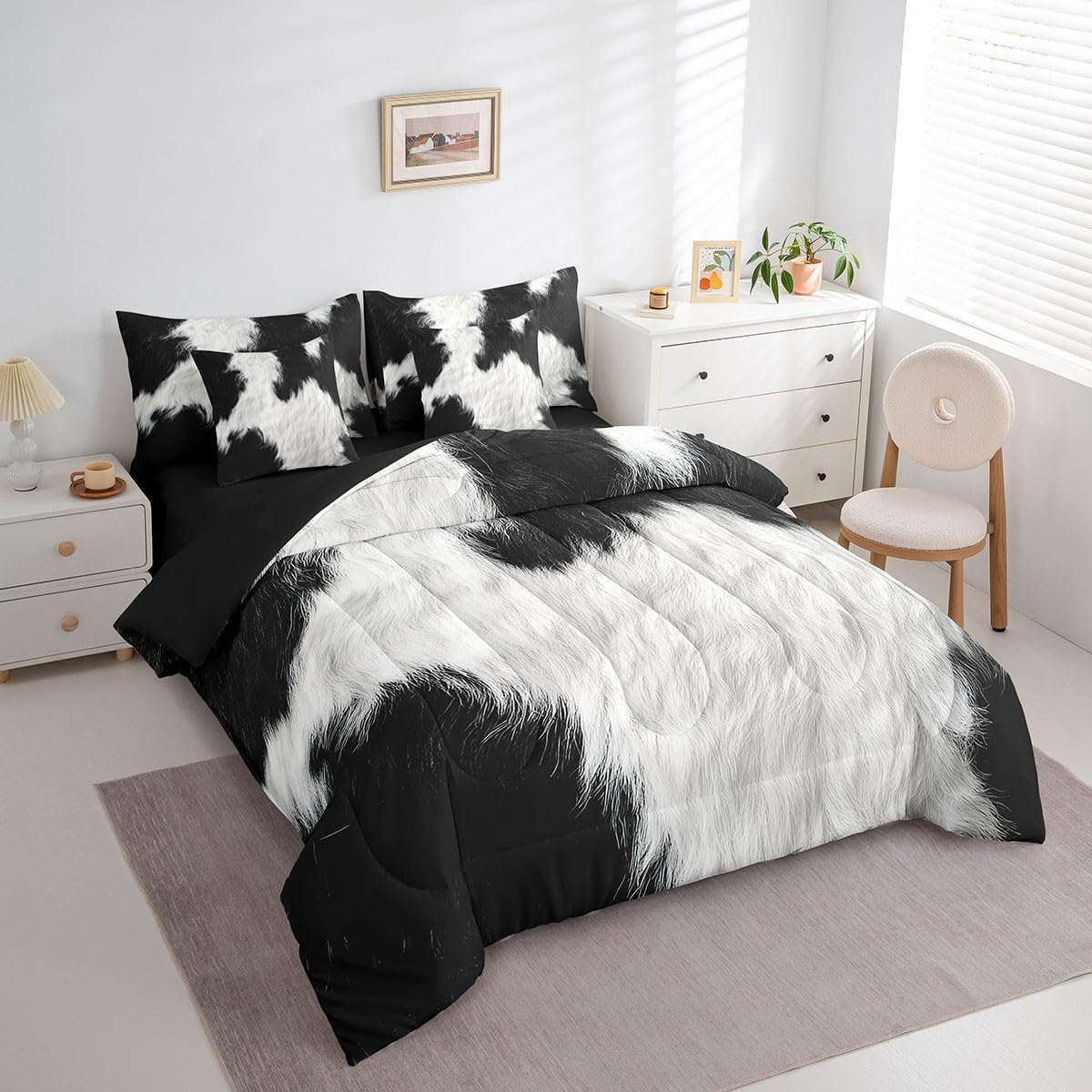 Erosebridal Cute Cow Print King Bedding Set 7 Piece for Boys Black White Cowhide Bed in A Bag for Kids Teens Youth Adult Western Farmhouse Fur Comforter Set with Sheetcountry Animal Skin Bed Sets