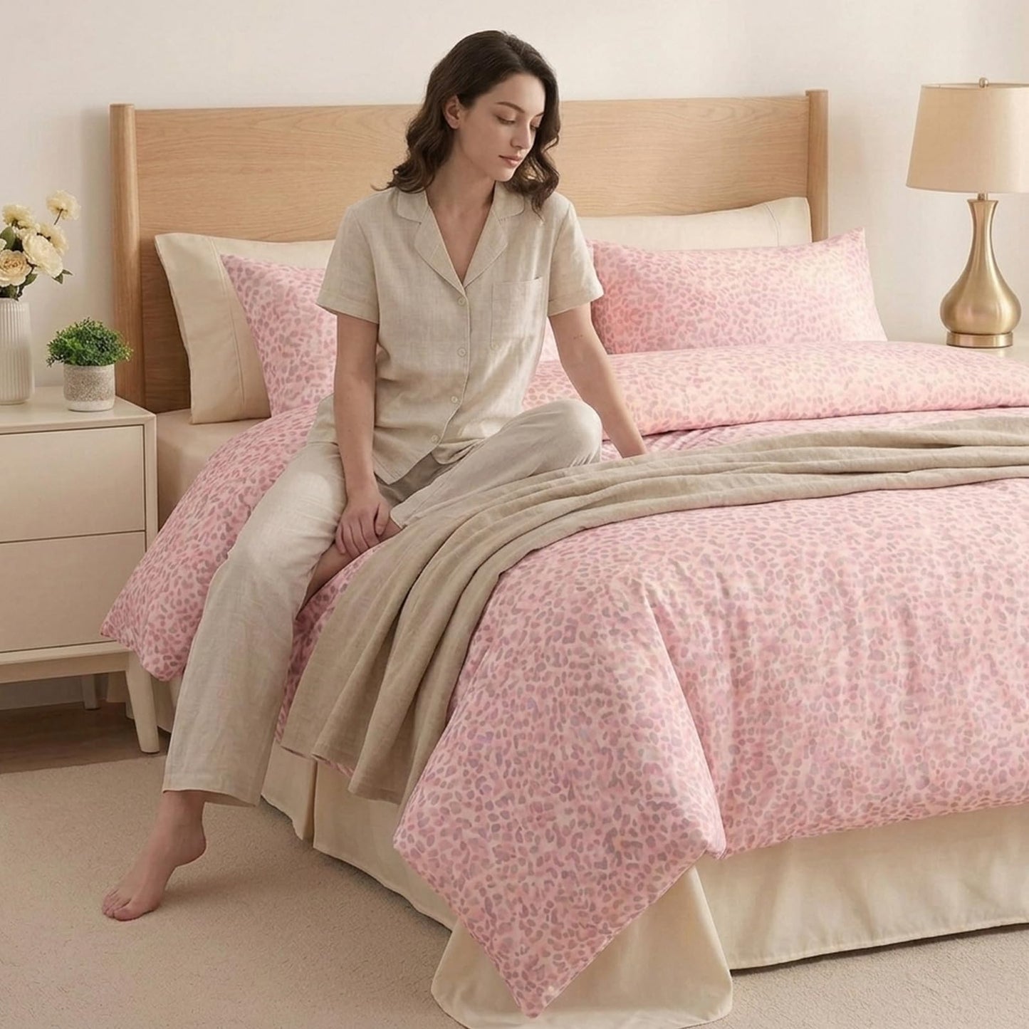Cozaline 100% Cotton Duvet Cover King Size, Pink Leopard Print Bedding Set with Zipper Closure, African Wildlife Animal Skin Cheetah Print Comforter Cover with 2 Pillowcases for Women Men