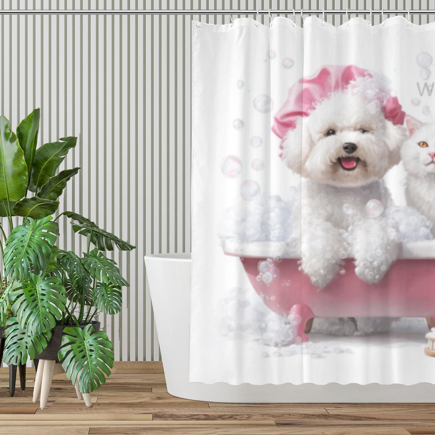 Wordatu Funny Bichon Frise Shower Curtain Decor Fabric Bathroom Curtains, Kids Children Cartoon Waterproof 72x72 inch with 12 Hooks