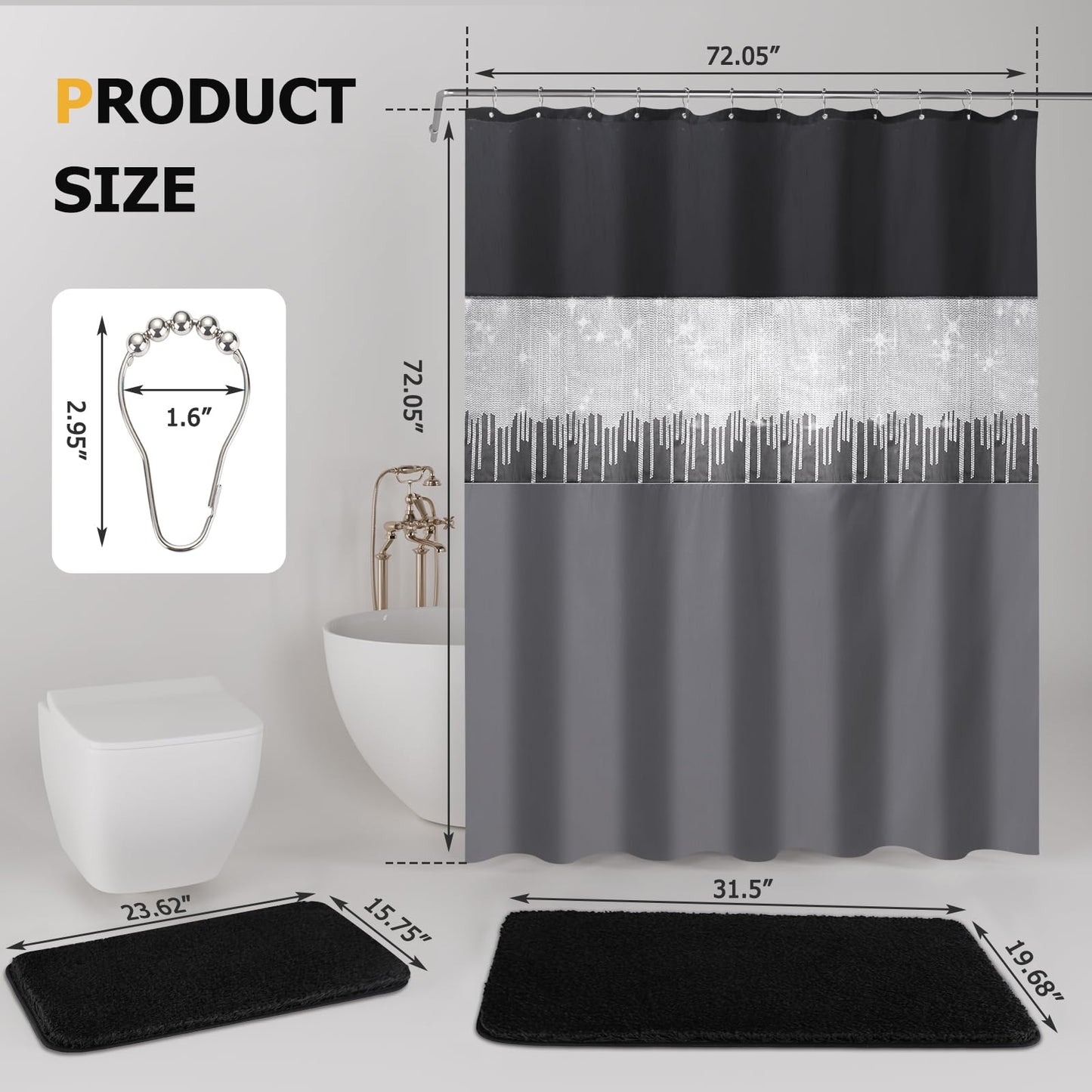 XLHOMO Shower Curtain Set Black Bathroom Sets with Shower Curtain and Rugs Glitter Waterproof Shower Curtain with Non-Slip Bathroom Rugs for Hotel Shower Bathroom Decor