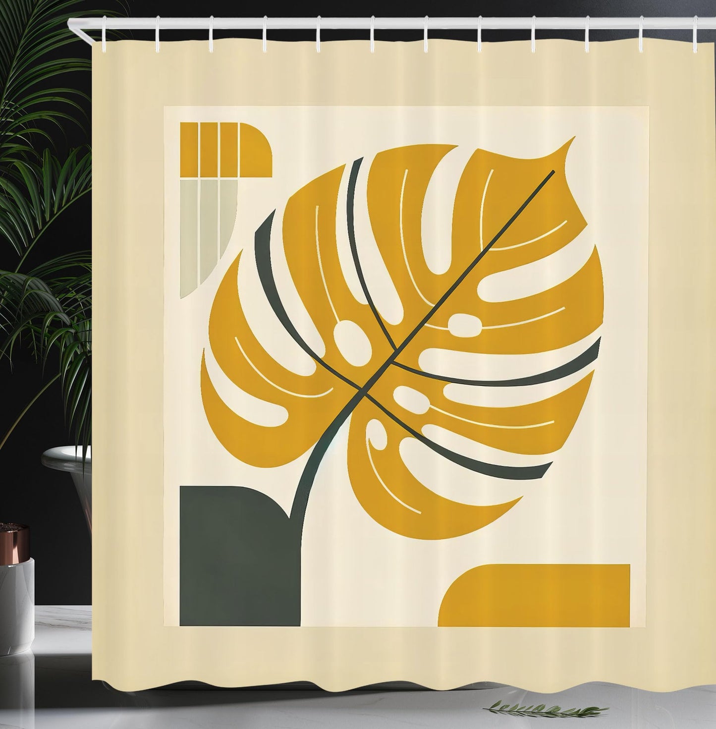 Ambesonne Yellow Shower Curtain, Abstract Modern Monstera Leaf Paint with Geometric Shapes and Frame Like, Cloth Fabric Bathroom Decor Set with Hooks, 69" W x 70" L, Orange Dimgray Beige