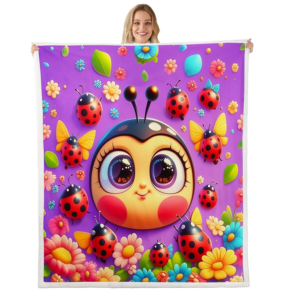 Erosebridal Cartoon Ladybugs Fleece Blankets Cute Ladybird Flowers Throw Bed Blanket Throw 50"X60" for Kids Boys Girls,Pink Blue Watercolor Floral Sherpa Blankets Kawaii Ladybugs Animal Fuzzy Blanket