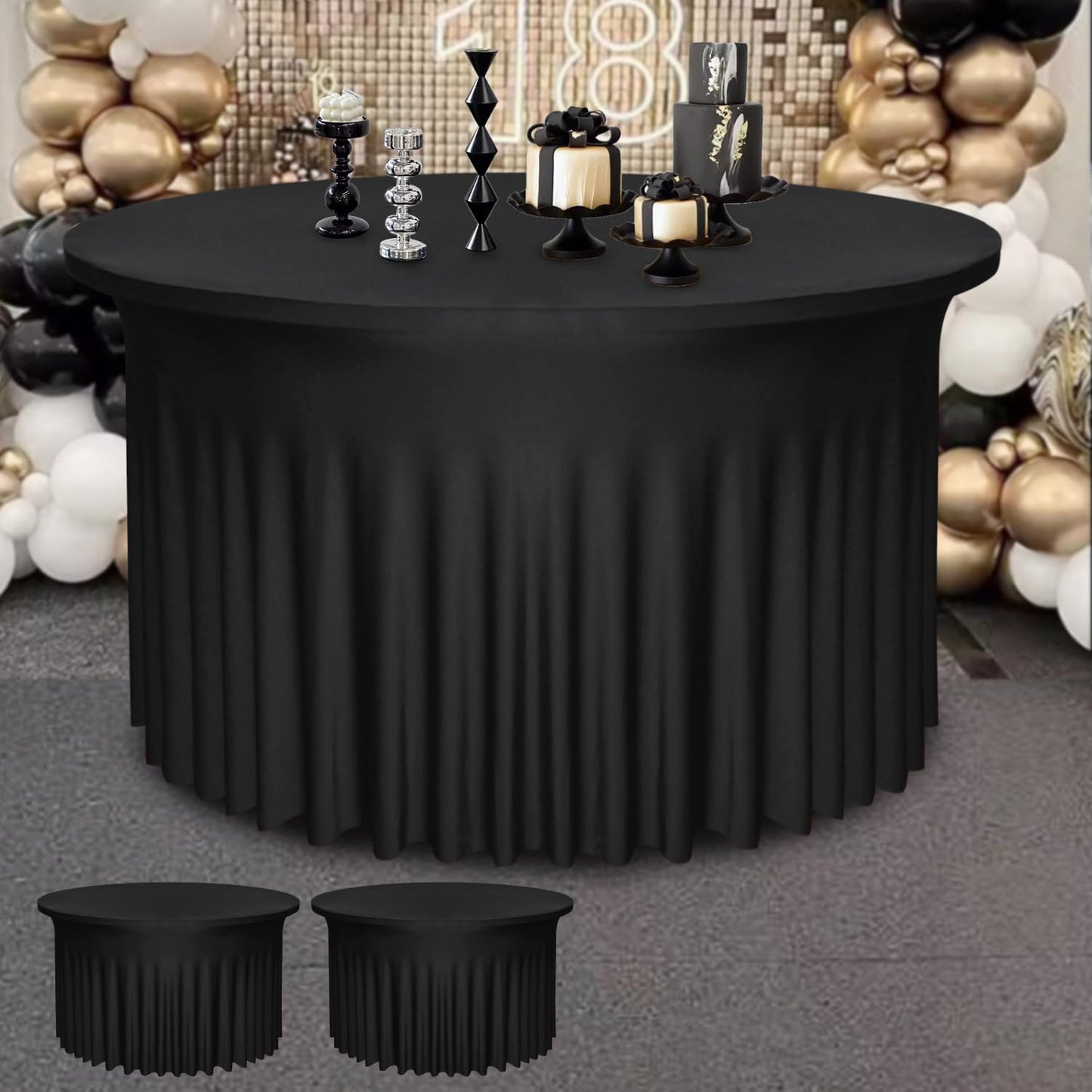Yoquare 2 Pack 48" Diameter x 30" Height Black Table Skirt | Fits 4FT Round Tables |Polyester Spandex Round Table Cloths with Skirt|Stain 、Wrinkle Resistant、 for Wedding,Party,Dining,Banquet