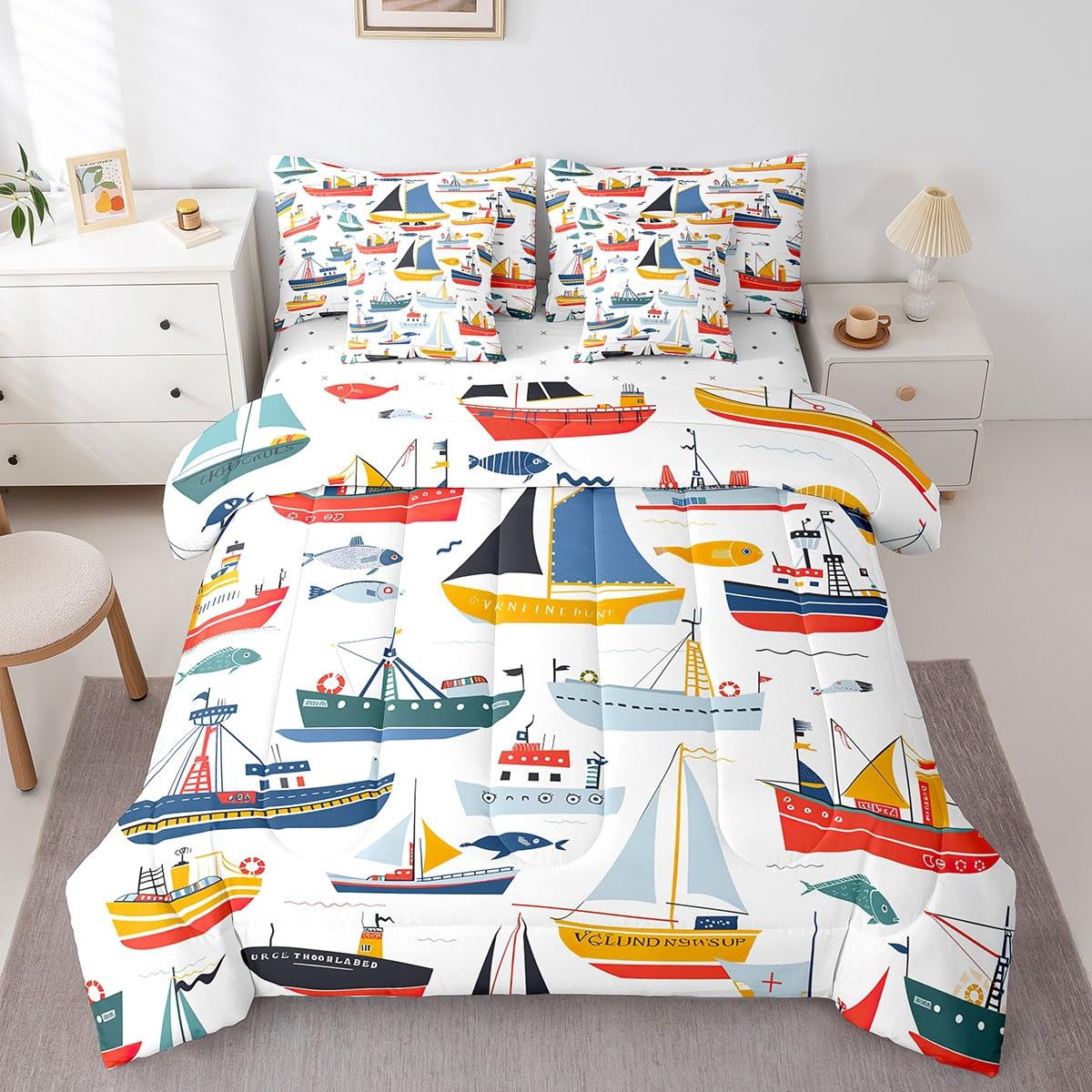 Erosebridal Nautical Comforter Set 7 Piece Bed in a Bag Twin,Retro Sailboat Steamship Bedding Sets Ocean Steamboat Steamer Sheet Set with Comforter