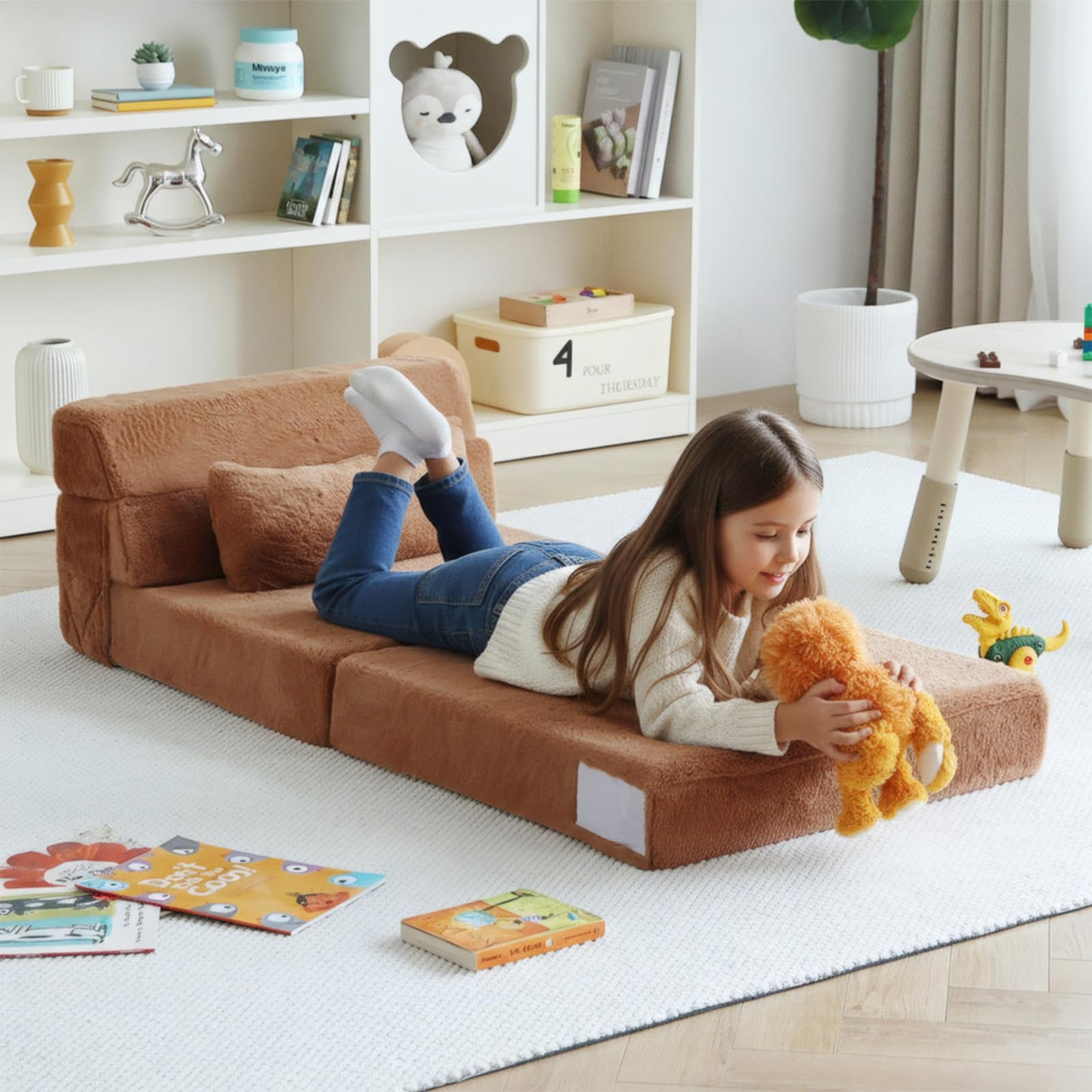 Tiita Convertible Folding Kids Sofa Bed with Pillow & Storage Bag, Plush Fabric Floor Mattress Couch Bed, Washable Cover, Kids Room, Playroom, Dorm, Apartment, Brown
