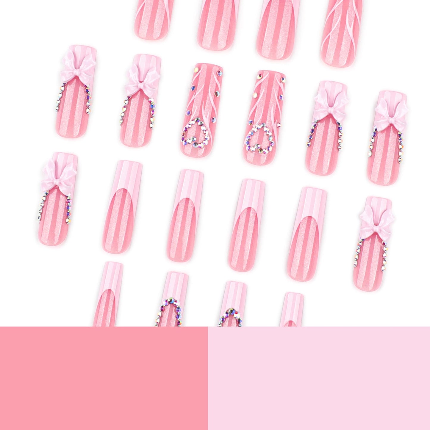 plalely Pink Press on Nails Square Long, Rhinestone Heart Acrylic Press on Nails with Pink Bow Designs，Long Press on Nail for Women 24pcs