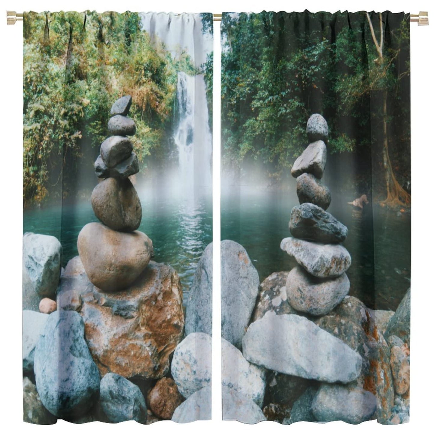 DDCBNS Natural Zen Curtains,Forest Landscape Waterfall Stone Printed Art Design Polyester Fabric Curtains for Bedroom Living Room Kitchen Rod Pocket Window Drapes 2 Panels Set,Total Size 42" x 45"