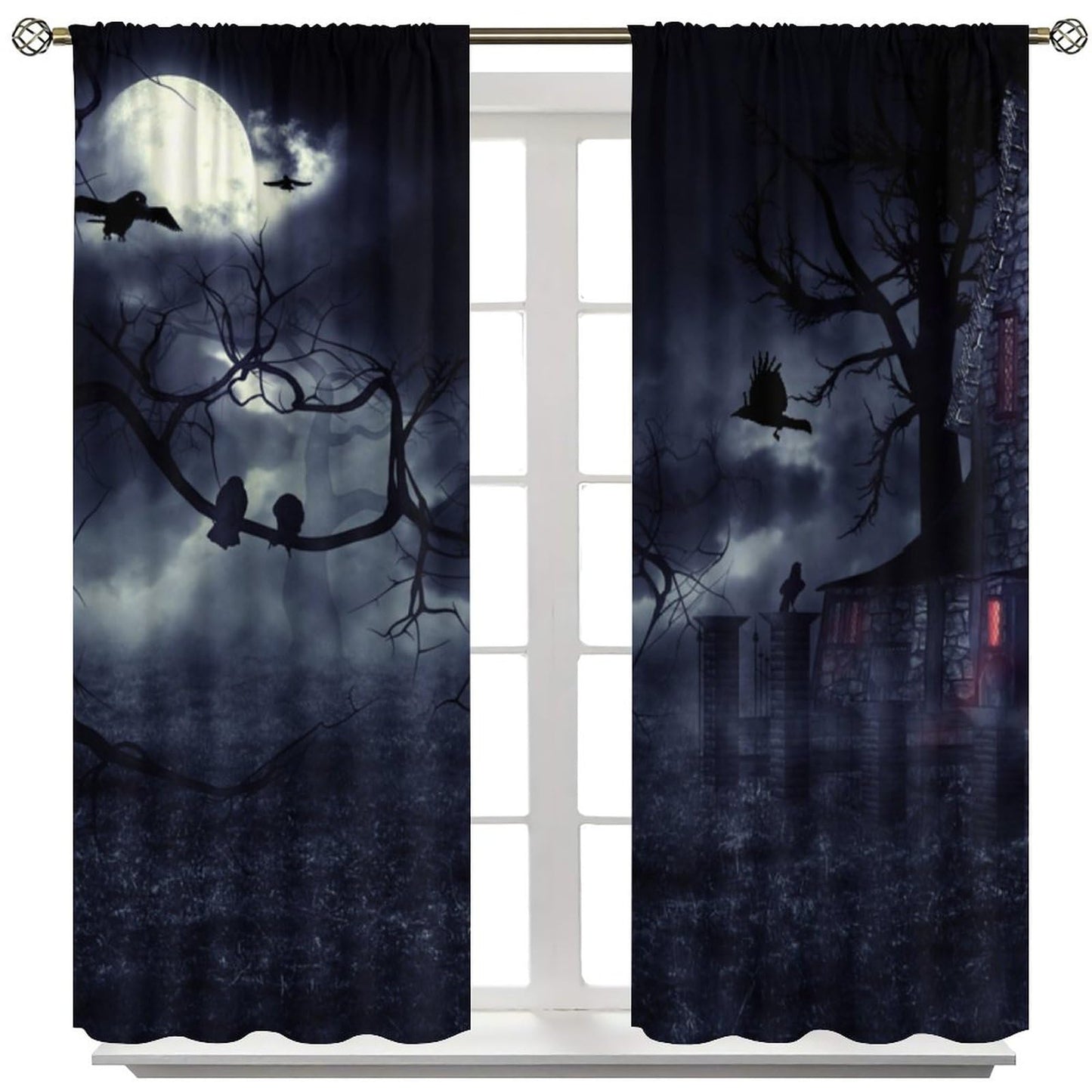 DDCBNS Gothic Curtains,Dark Forest Crow Black Raven Window Treatments for Bedroom Living Room Kitchen Horror Halloween Window Drapes 2 Panel Set,Total Size 42 x 45 Inch