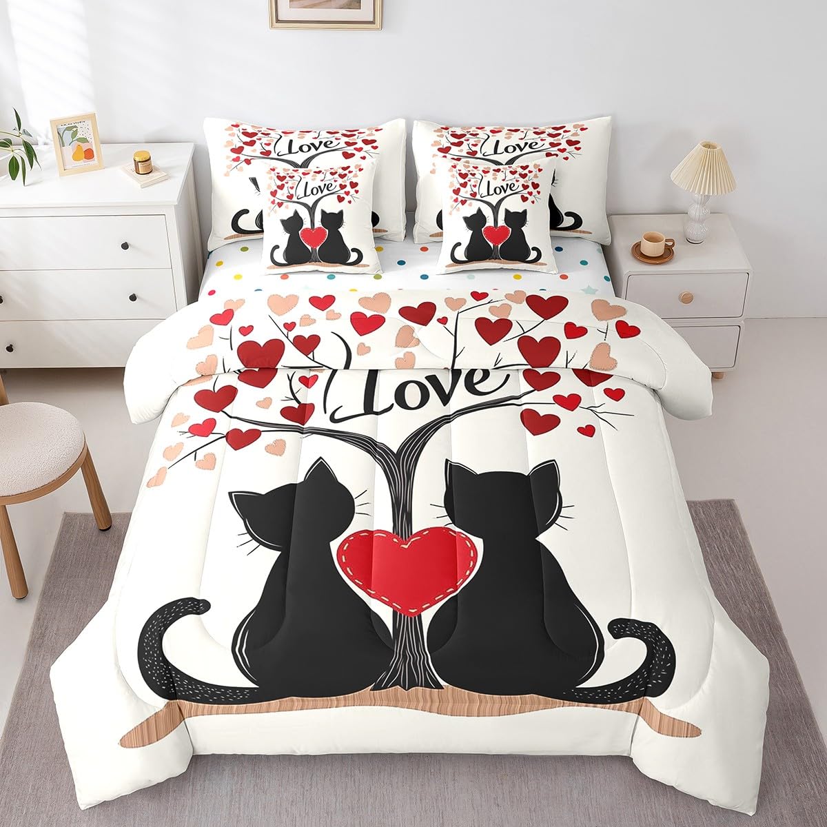 Erosebridal Black Cat Couple Queen Comforter Set with Sheets - Cute Romantic Valentine Day Red Love Bedding Sets 7 Piece Valentines Bed in a Bag Gifts for Kids Girls Boys Women Couples Room Decor