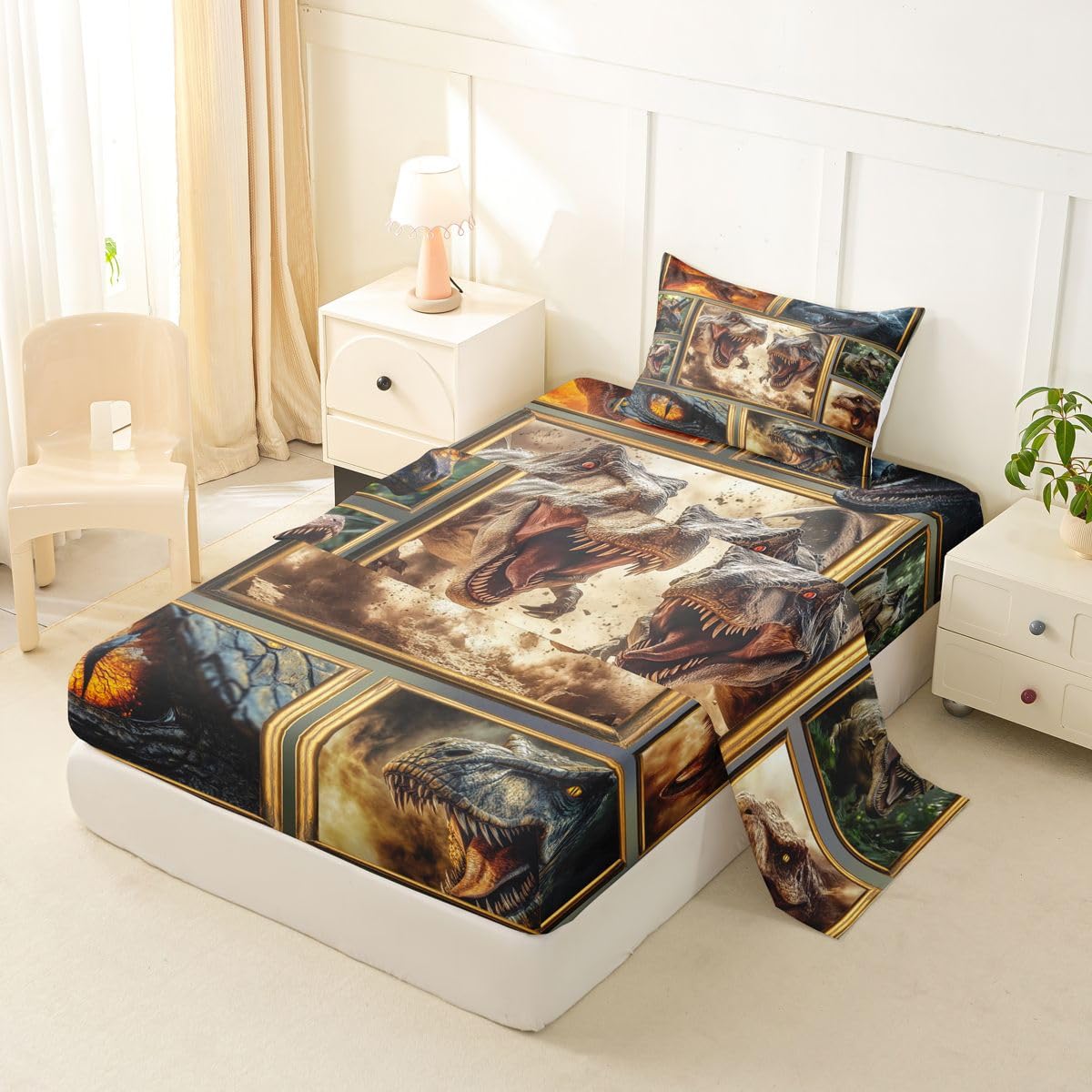 Feelyou Dinosaur Bed Sheets Sets Twin Size Kids Boys Girls 3D Digital Print Bedding Set Jungle Dino Bed Sheet Set with 16-Inch Deep Pockets Blue Orange White Yellow 3Pcs with 1 Pillow Cases Wildlife