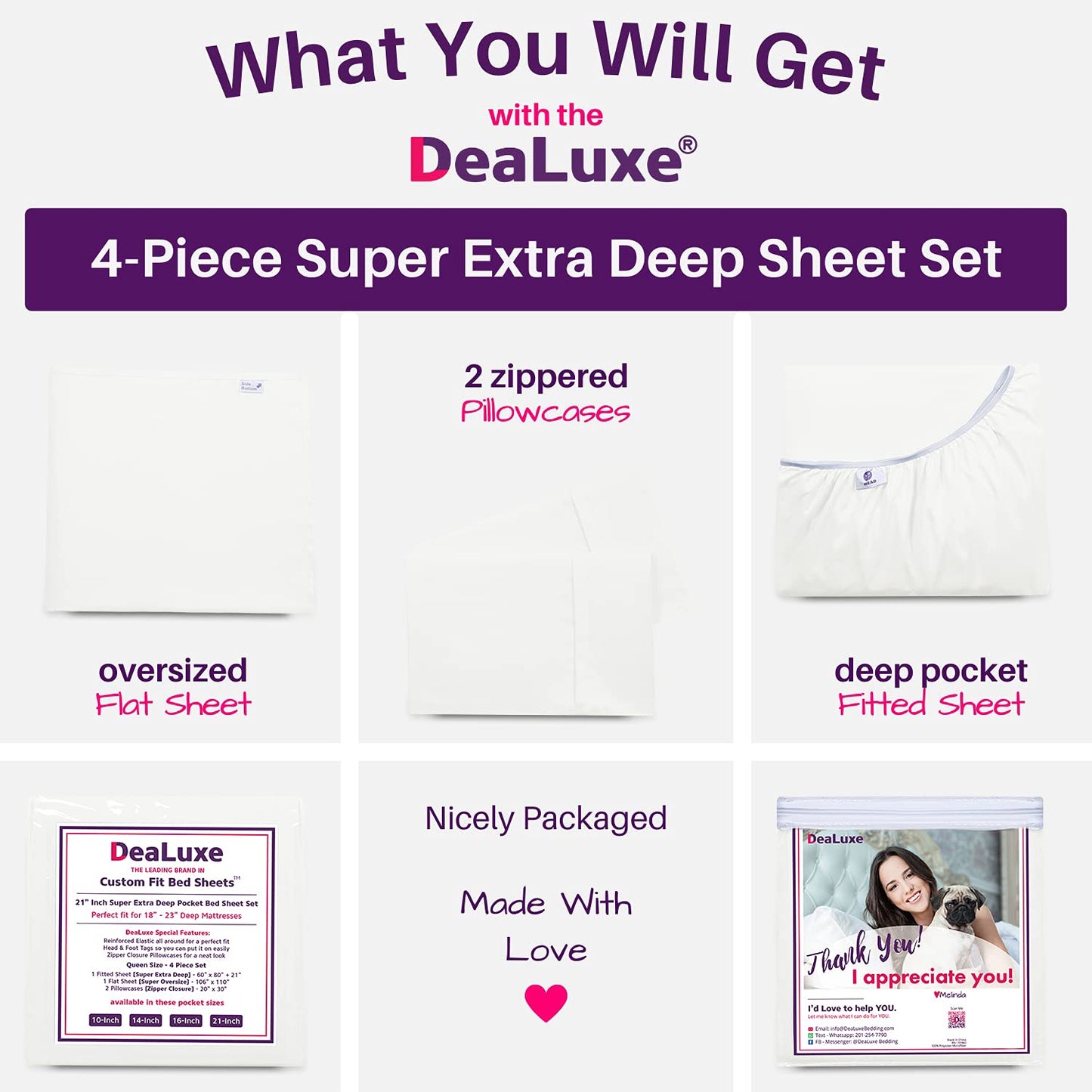 Extra Deep Pocket King Size Sheets – 21” King Sheet Sets Deep Pocket – [4 Piece Set] King Bed Sheets Oversize Flat Sheet, Fitted Sheet, 2 Zippered Pillowcases – 18”–23” Deep Pocket King Sheets – White