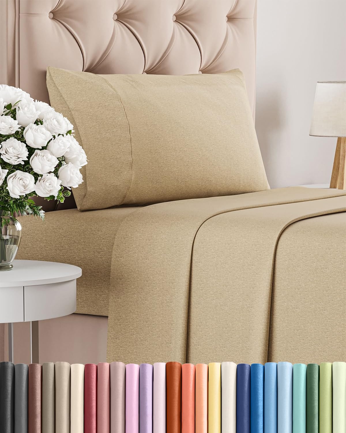Twin Size 3 Piece Sheet Set - Comfy Breathable & Cooling Sheets - Hotel Luxury Bed Sheets for Women & Men - Deep Pockets, Easy-Fit, Soft & Wrinkle Free Sheets - Heathered Tan Oeko-Tex Bed Sheet Set