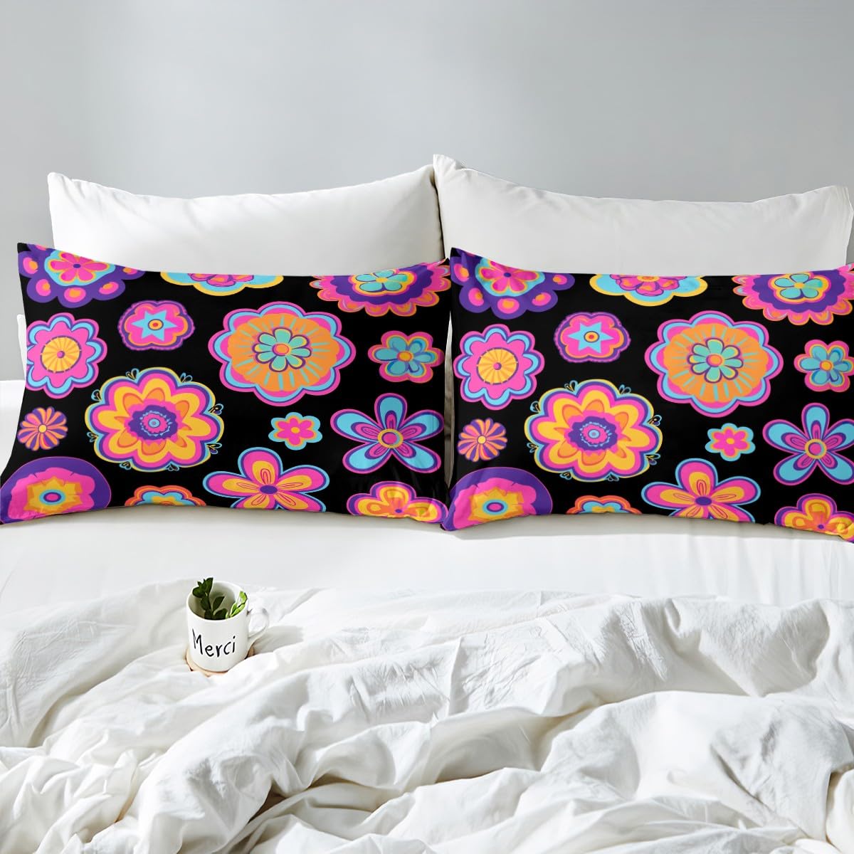 Erosebridal Groovy Flower Power Bedding Set Full Girls Neon Purple Black Vintage Floral Bed Sheets Hippie Aesthetic Psychedelic Botanical Sheet Set Soft Fitted Sheet + Flat Sheet + 2 Pillow Cases