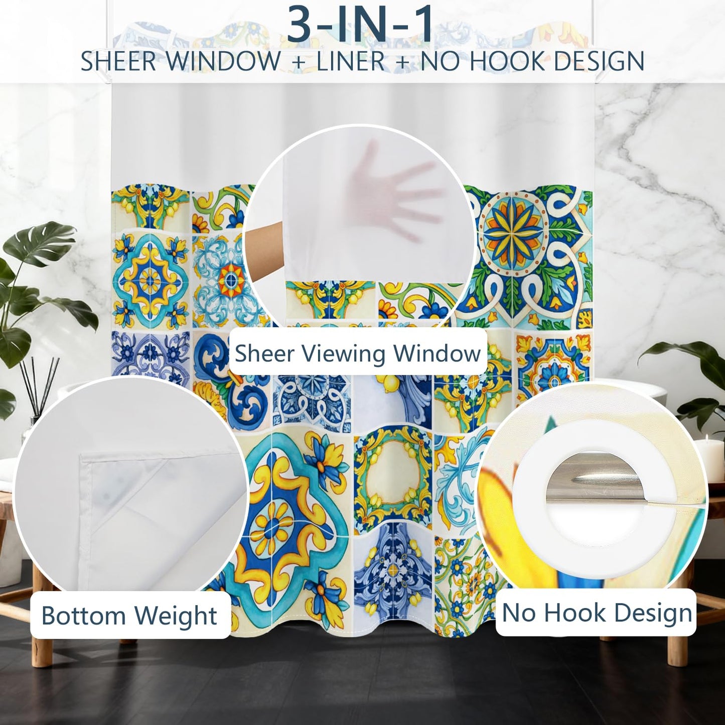 No Hook Shower Curtain with Snap in Fabric Liner Set, Waterproof & Washable, Boho Mediterranean Blue Yellow Lemon Floral Shower Curtains for Bathroom, Colorful Bathroom Curtain, House Gift, 71x74 inch
