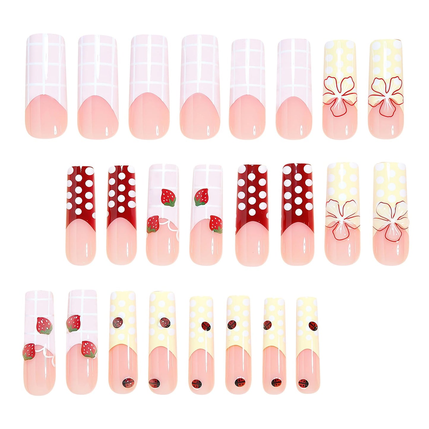 MISUD Press on Nails - Long Square Fake Nails with Spring Pink Yellow, Acrylic Checkered Polka Dot Strawberry Ladybug Design 24 pcs