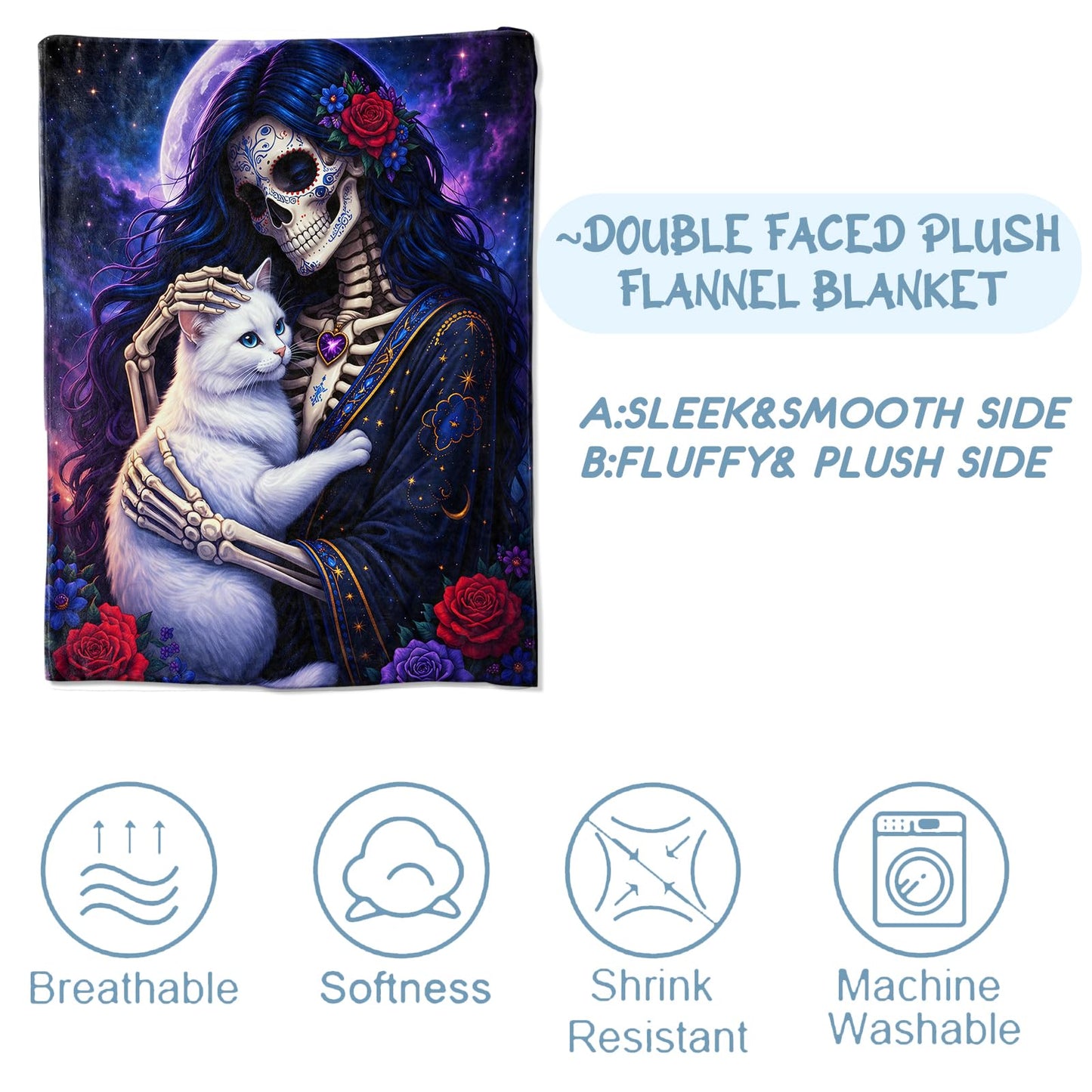 Zeleda Gothic Skeleton Cat Cozy Throw Blanket for Couch Sofa Bed, Soft Flannel Goth Skull Kitten Blankets for Adults Women, Warm Lightweight Romantic Floral Throws for Room Decor Gifts, 50x60 Inches