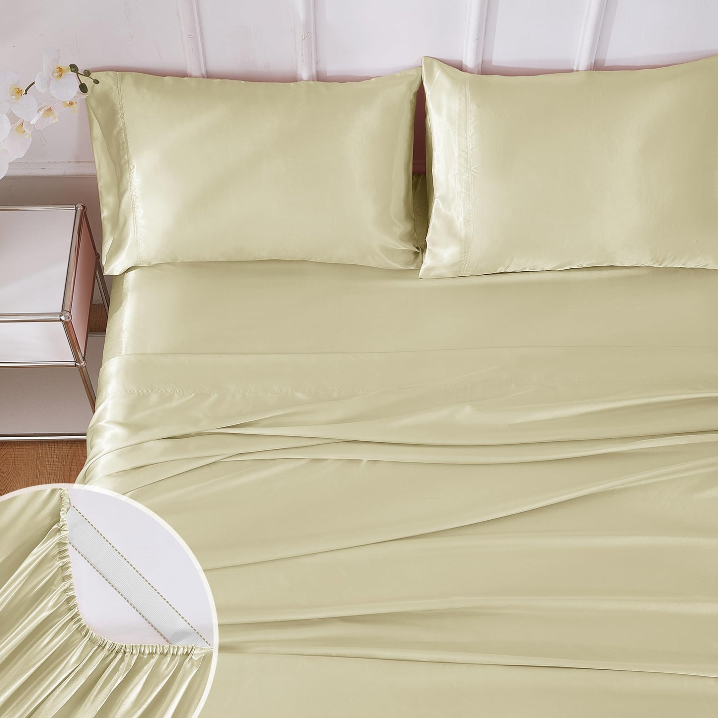 lasoftan Silk Satin King Sheets Set, Silky Fitted Bed Sheets with 15" Deep Pocket & Non-Slip Corner Straps, Luxury Hotel Satin Sheets King Size, Champagne Summer Cooling Sheets & Pillowcase Set