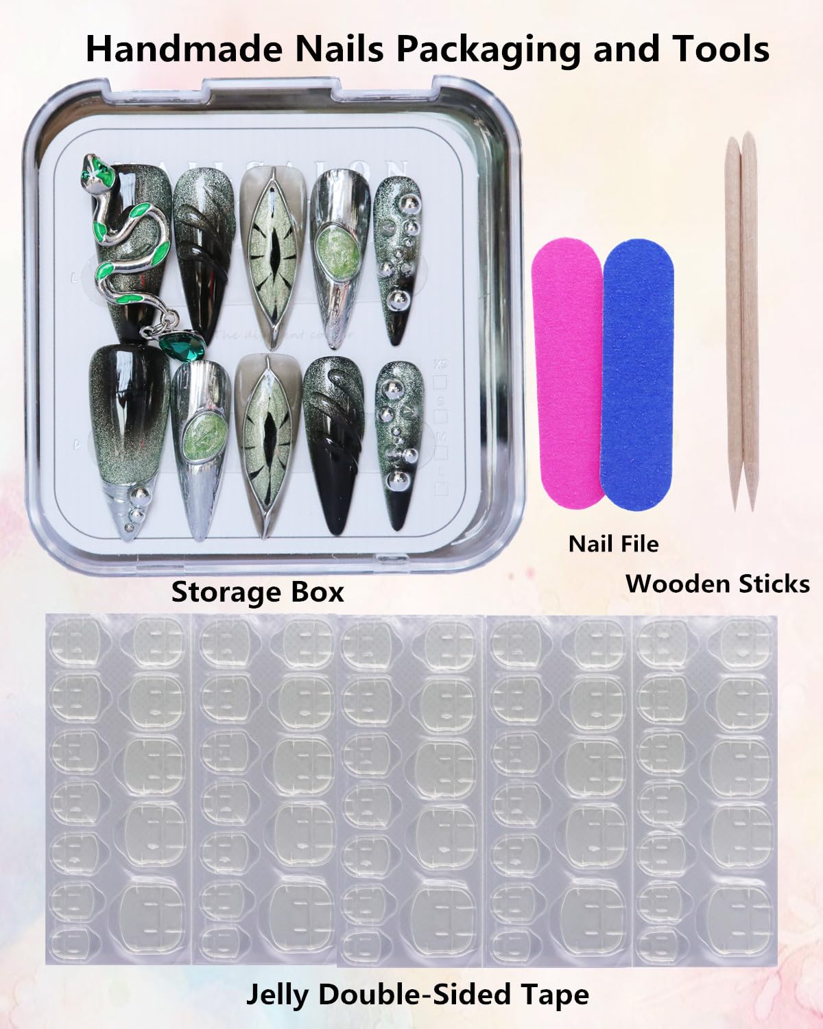 CAMILCY Luxury Handmade Press on Nails Long Stiletto Green Snake Chrome Gothic Fake Nails Glossy Black Green Gradient Crystal Charm Reusable Acrylic Nails for Women 10pcs (A038, M)
