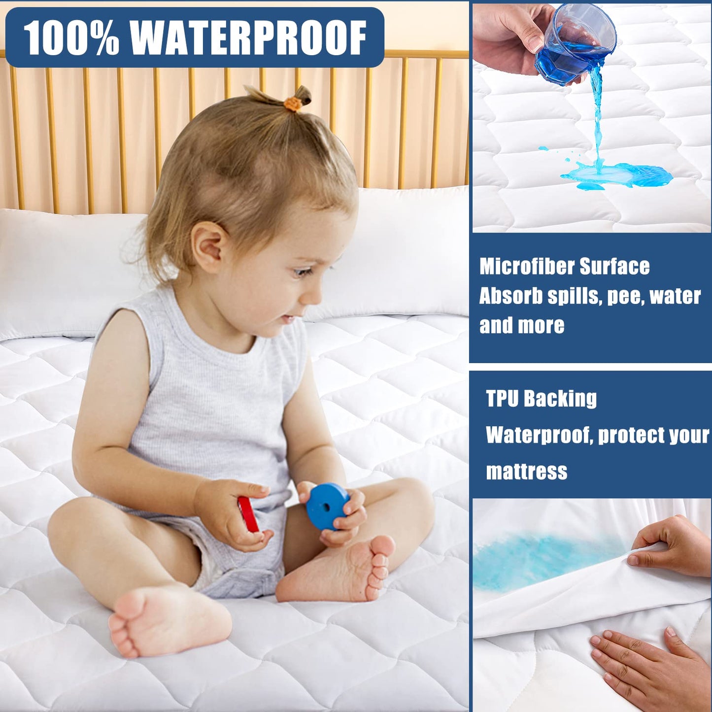 JamRest King Quilted Mattress Pad Waterproof Breathable Bed Protector Quiet Fabric Noiseless Cooling Microfiber Fitted Mattress Cover Smart Shield Master Bed Deep Pocket Fits 6 to 21 Inch Mattress