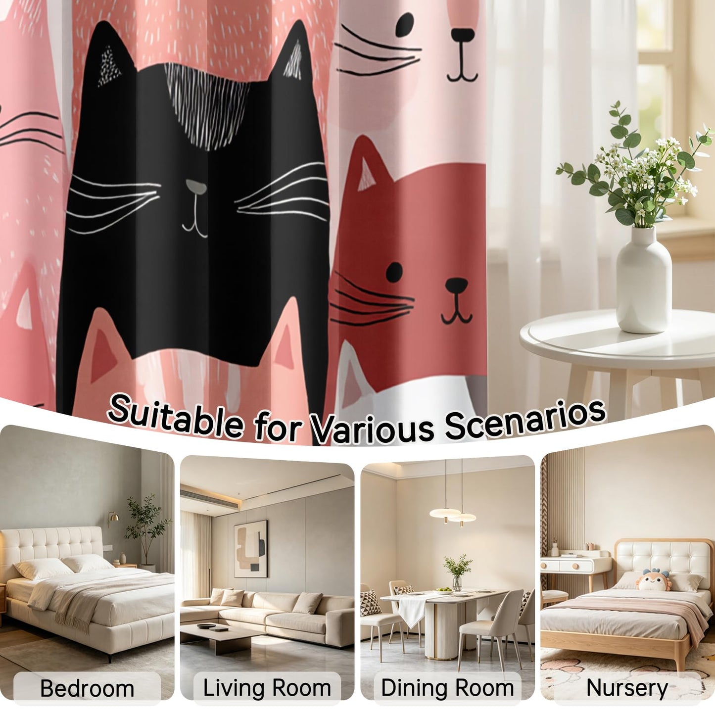 Mistwalk Girls Cute Kitten Blackout Curtains for Bedroom & Living Room, 84 Inch Curtains 2 Panel Set, Room Darkening Thermal Insulated Grommet Drapes, Kids Cat Lover Patterned Window Treatments