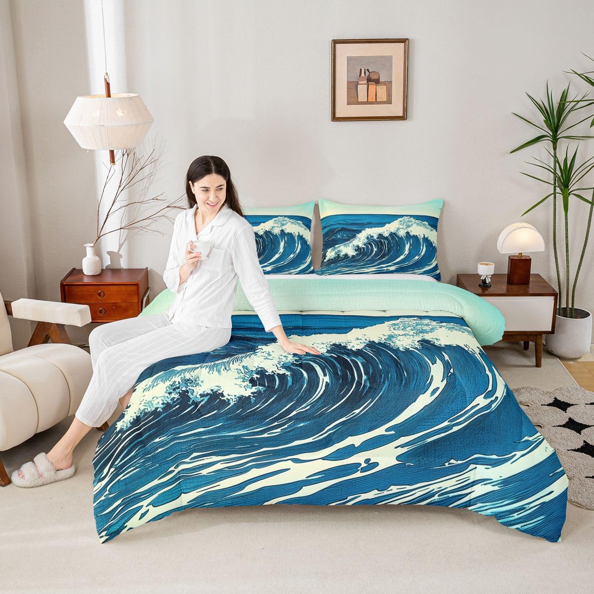 jejeloiu Wave Pattern Kids Comforter Set Queen Size Japanese Style Bedding Set Ocean Wave Duvet Quilt for Kids Boys Girls Bedroom Decor Microfiber Ultra Soft Breathable