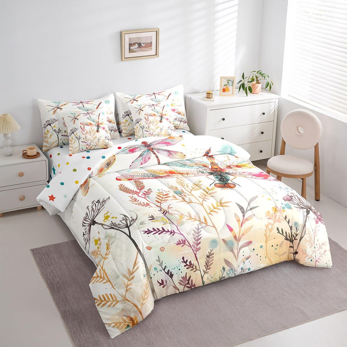 Erosebridal Dragonfly Comforter Set Queen,Wildflowers Floral Bedding Set 7Pcs for Kids Teens Adults,Tie Dye Watercolor Botanical Leaves Bed in a Bag,Aesthetic Wildlife Safari Animal Quilt