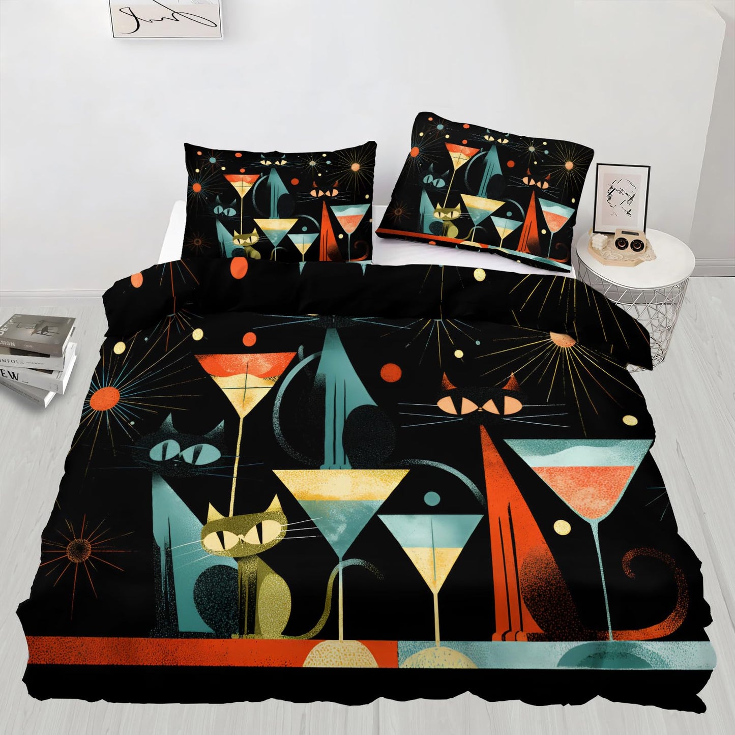 ZAMODE Cat Duvet Cover Queen Size, Mid Century Atomic Cat Comforter Cover 90" x 90", Abstract Funny Kitten Bedding Set with 2 Pillowcases