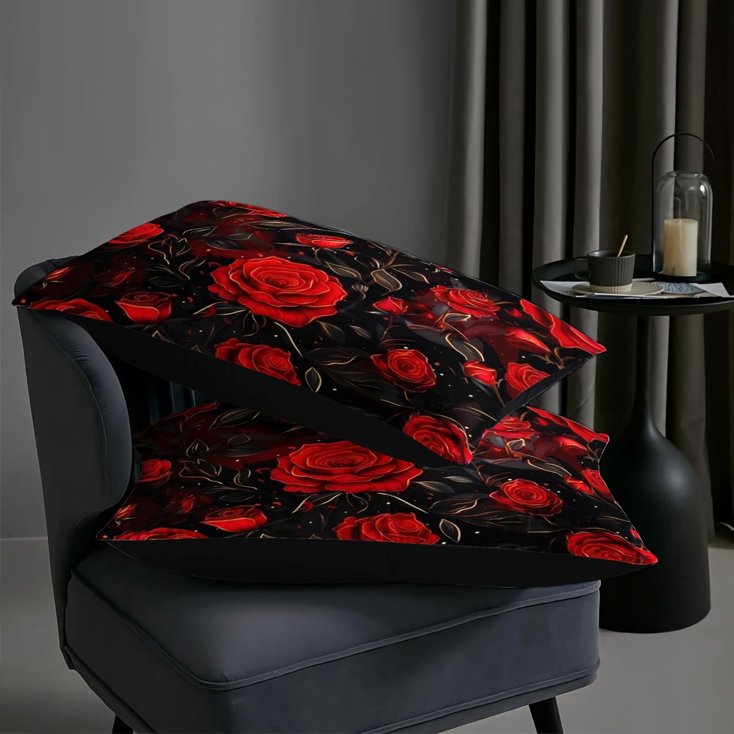 AILONEN Red Bloom Full Comforter Set 3 Piece, Black Botanical Bedding, Golden Leaf Romantic Flower Pattern, Teen Room, 2 Pillowcases