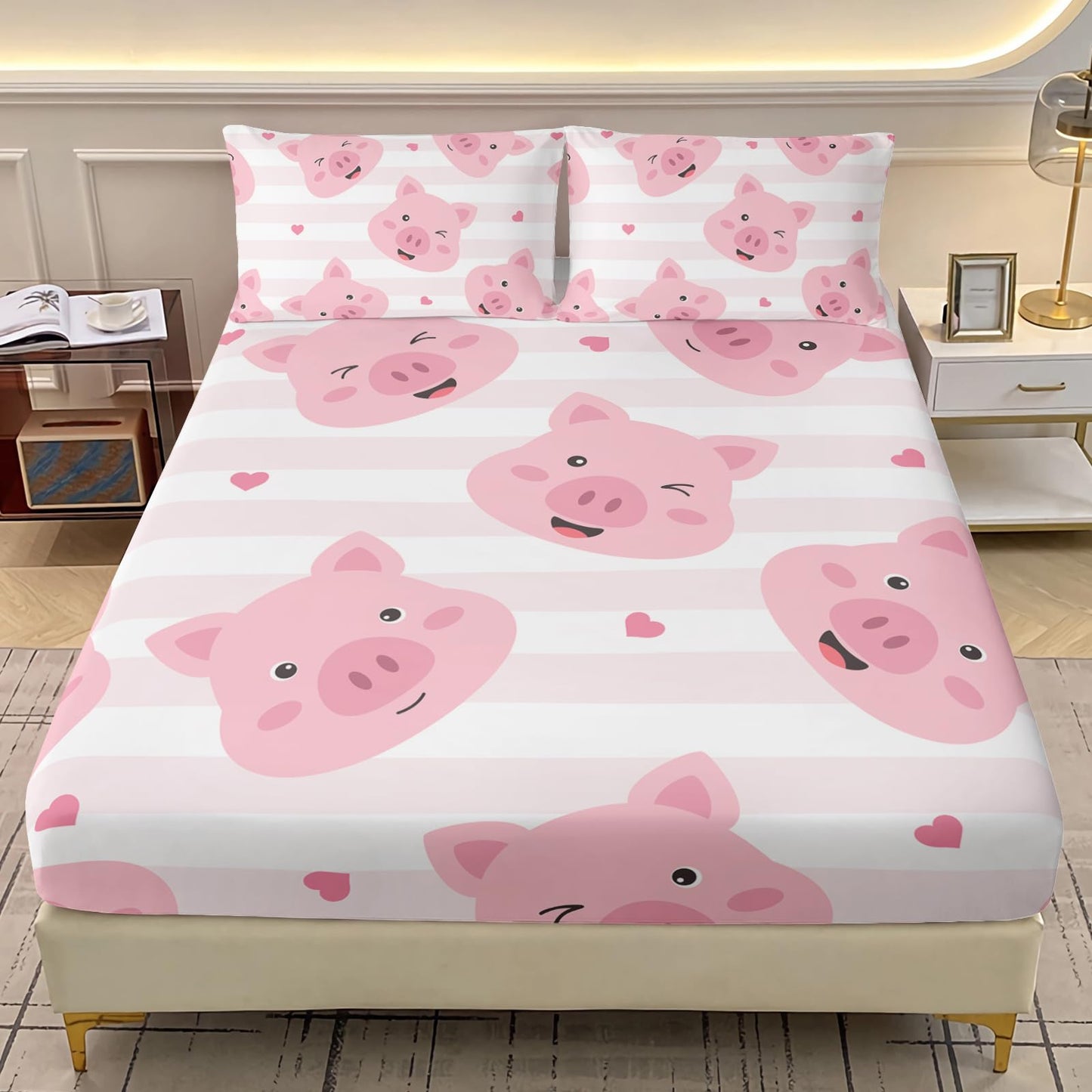 AILONEN Cute Pig Fitted Sheet Set Twin Size,3-Piece Kawaii Pig Bed Sheet Set for Kids Girls,Cartoon Pink White Stripes Print Fitted Sheet with 2 Pillowcases