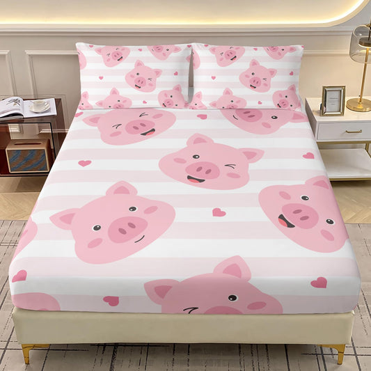 AILONEN Cute Pig Fitted Sheet Set Twin Size,3-Piece Kawaii Pig Bed Sheet Set for Kids Girls,Cartoon Pink White Stripes Print Fitted Sheet with 2 Pillowcases