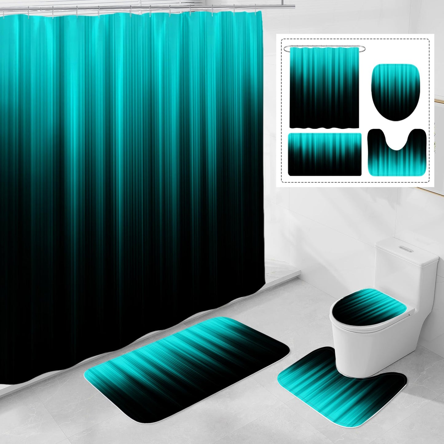 Litabel 4 Pcs Teal and Black Gradient Shower Curtain Set with Rugs and Toilet Lid Cover, Modern Simple Waterproof Fabric Bathroom Set, Ombre Stripe Gothic Abstract Bathroom Decor Set Accessories