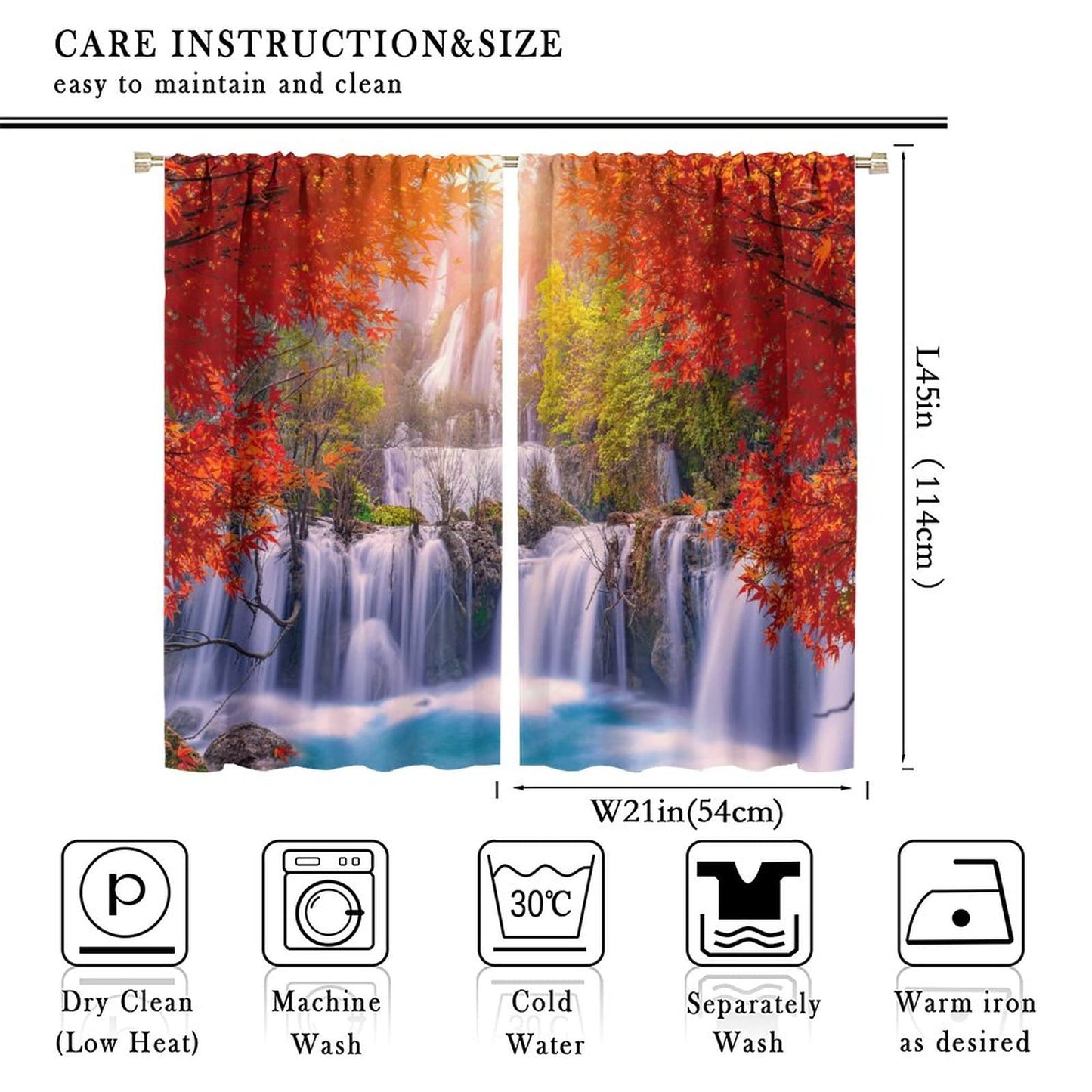 GoDazzling Forest Waterfall Blackout Windows Curtains, Autumn Red Green Maple Leaves Jungle Rainforest Natural Scenery Landscape Curtains, for Living Room Bedroom 42x45in 2 Panels