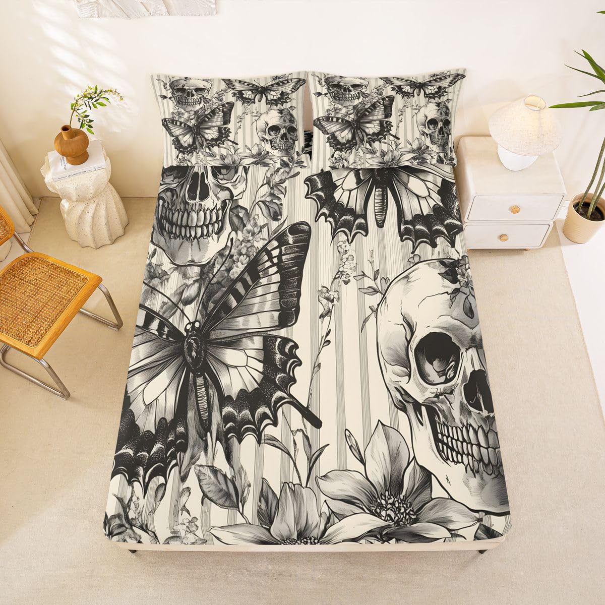 jejeloiu Black Skull and Butterfly Bed Sheets Set Queen Size Happy Halloween Bed Set Grey and White Deep Pocket Fitted Sheet Breathable Soft Lightweight Microfiber