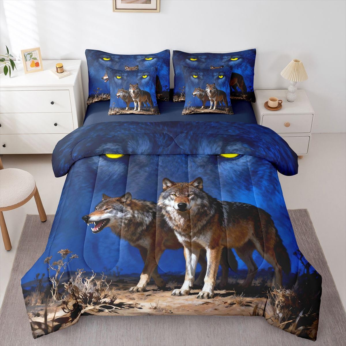 Feelyou Wolf Comforter Set Queen Size 7 Pieces Wolves Howling Bedding Set for Kids Boys Girls Western Farmhouse Bed in a Bag with Comforter, Sheets, Pillowcases, Cushion Covers Wild Animal