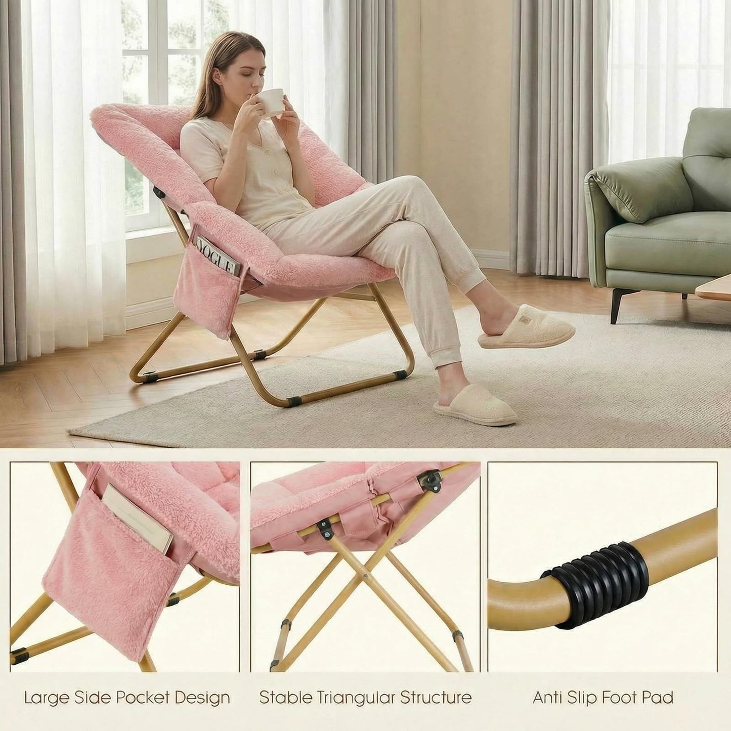 Folding Saucer Chair, Comfy Reading Chair with Soft Thick Padded Seat, Plush Faux Fur Lounge Chair for Small Space, Bedroom, Dorm, Living Room, X-Large Lazy Chair for Adults Teens Kids